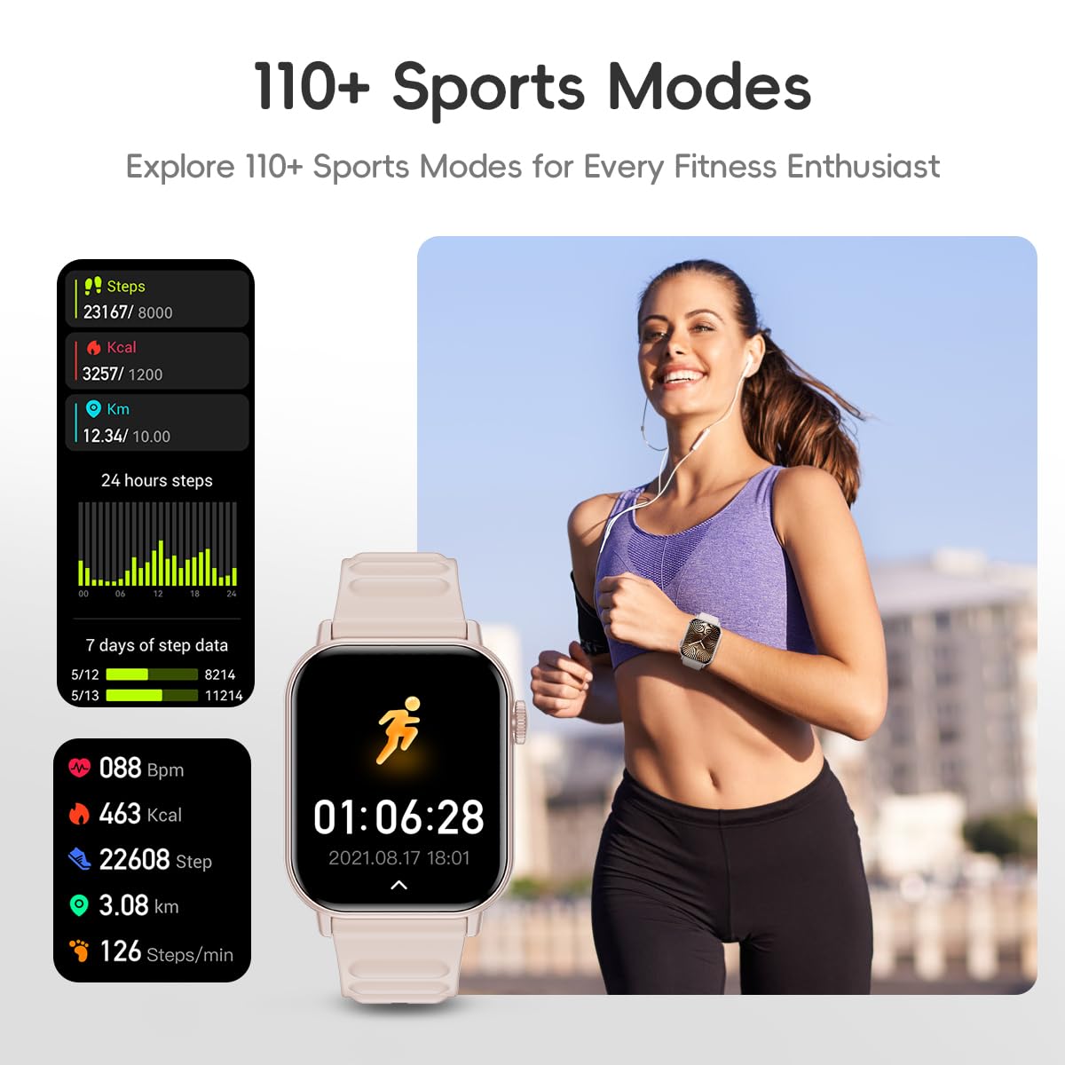 QTLLBT Smart Watch Sports Pedometer Fitness Tracker, Bluetooth Call Heart Rate Blood Oxygen Sleep Monitor, 100 Sports Modes Waterproof for iOS Android Men's Women's Smart Watch (Pink)