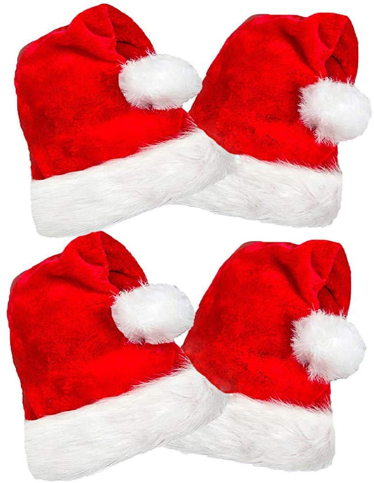 COOLJOY 4 Pack Plush Santa Hats, Christmas Santa Hats for Christmas Party, Adult size Xmas Holiday Hat for Unisex Kids Party Supplies