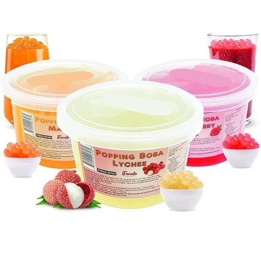 Fanale Strawberry Mango Lychee Popping Boba Pearls, Vegan, Non GMO, Gluten Free, Fat Free, Perfect for Bubble Tea, Smoothies, Ice Cream, Desserts, and Beverages 3 lb (1 lb X 3)