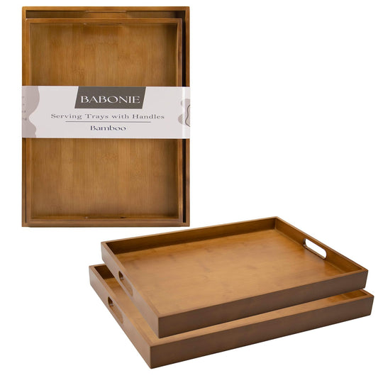 Bamboo Serving Tray with Handles Set of 2 – Portable Rectangular Serving Trays for Eating, Serving, Decor & Storage, Suitable for Bedroom, Kitchen, Restaurant, Outdoor & More - Brown Finish