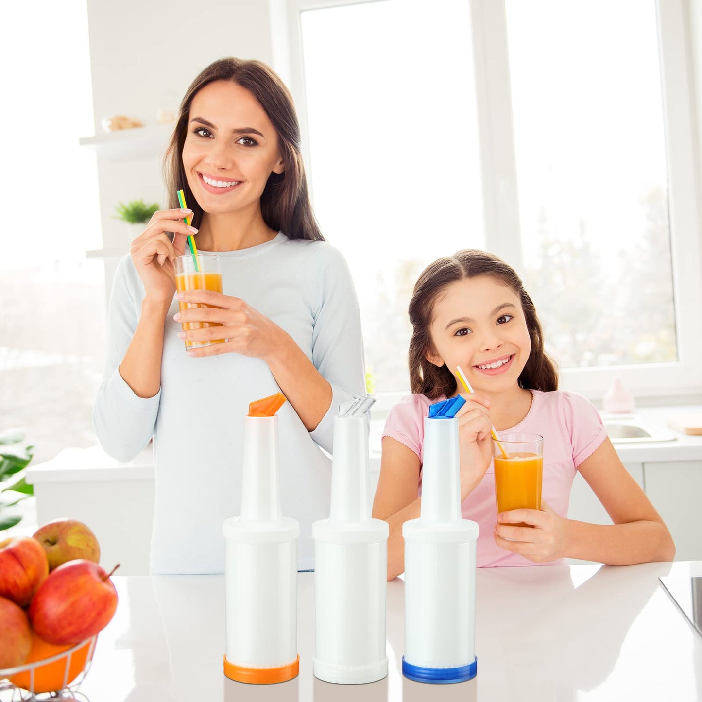 CHENGU 6 Pcs Bar Pour Colorful Juice Pouring Bottle Containers 34 oz Plastic Juice Dispensers for Bar Home Party Kitchen Supplies (White,Orange,Red,Yellow,Blue,Green)