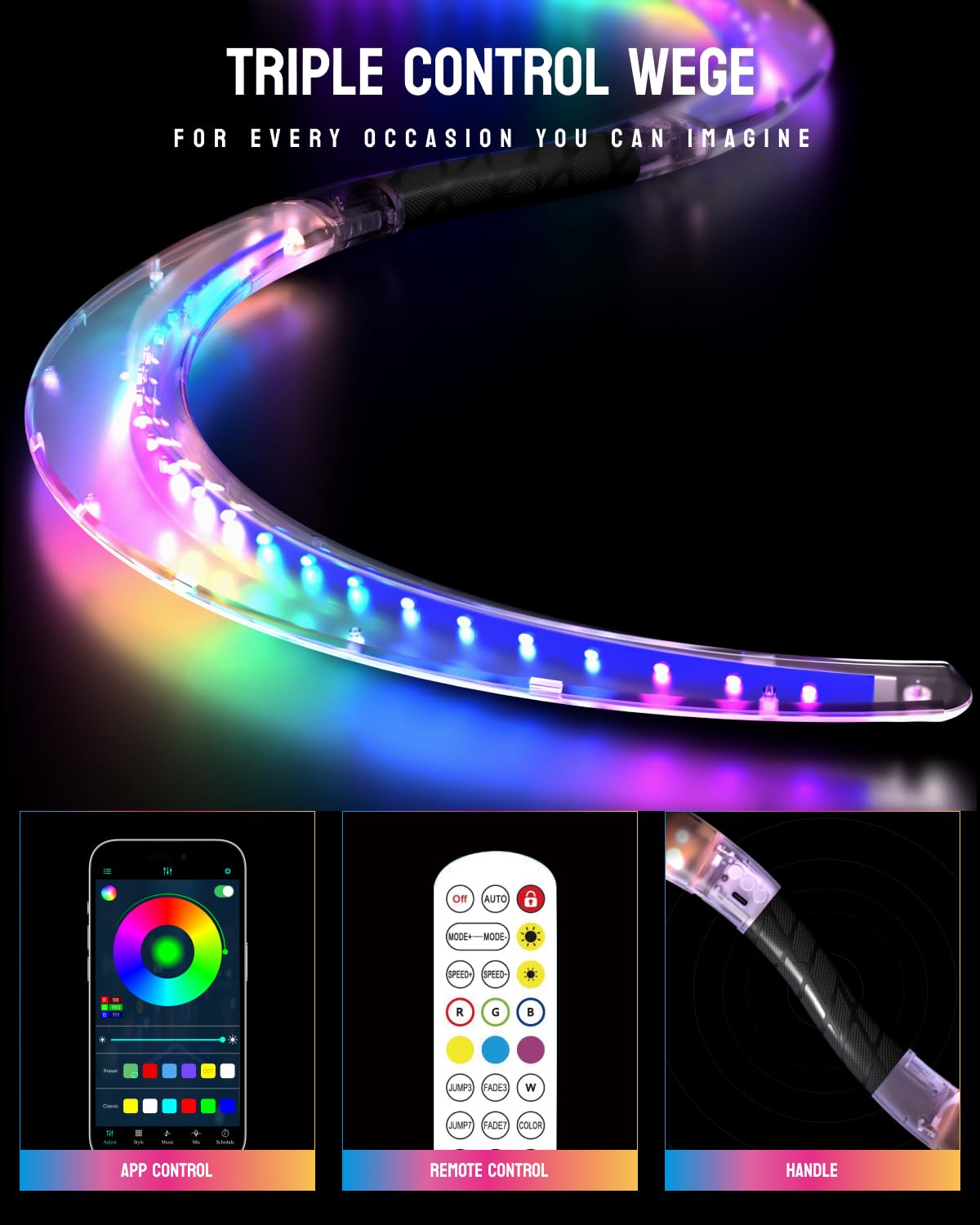 LED POI Staffs S-Shape with 241 Color Light Modes USB Rechargeable Magic LED S-Staffs Customized Colors, Profound Visual Effect