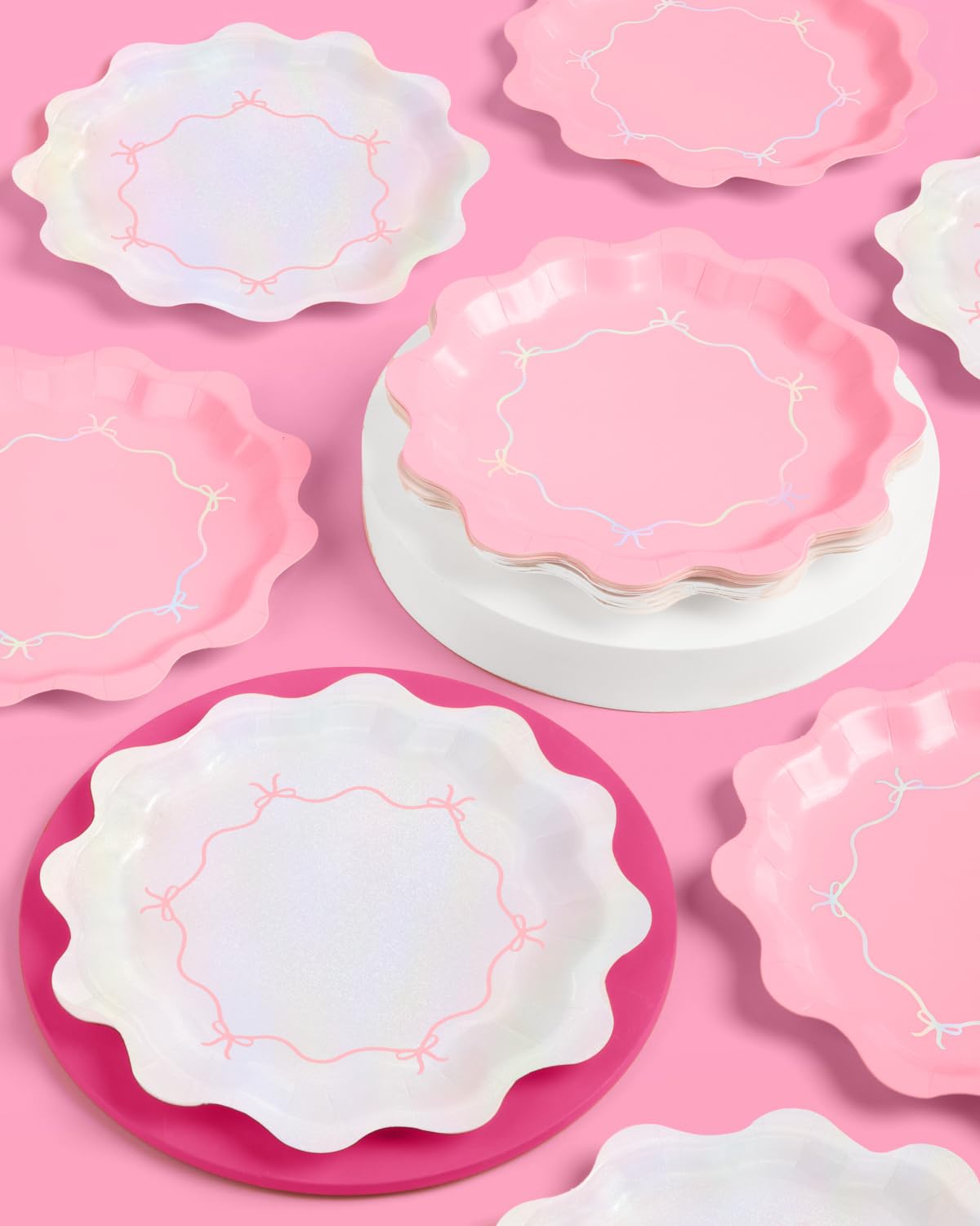 xo, Fetti Pink + Iridescent Wavy Bow Plates - 24 pcs | Bachelorette Decorations, Happy Birthday Party, Baby Shower, Cute Disposable Tableware, Bday Supplies, Bridal Shower