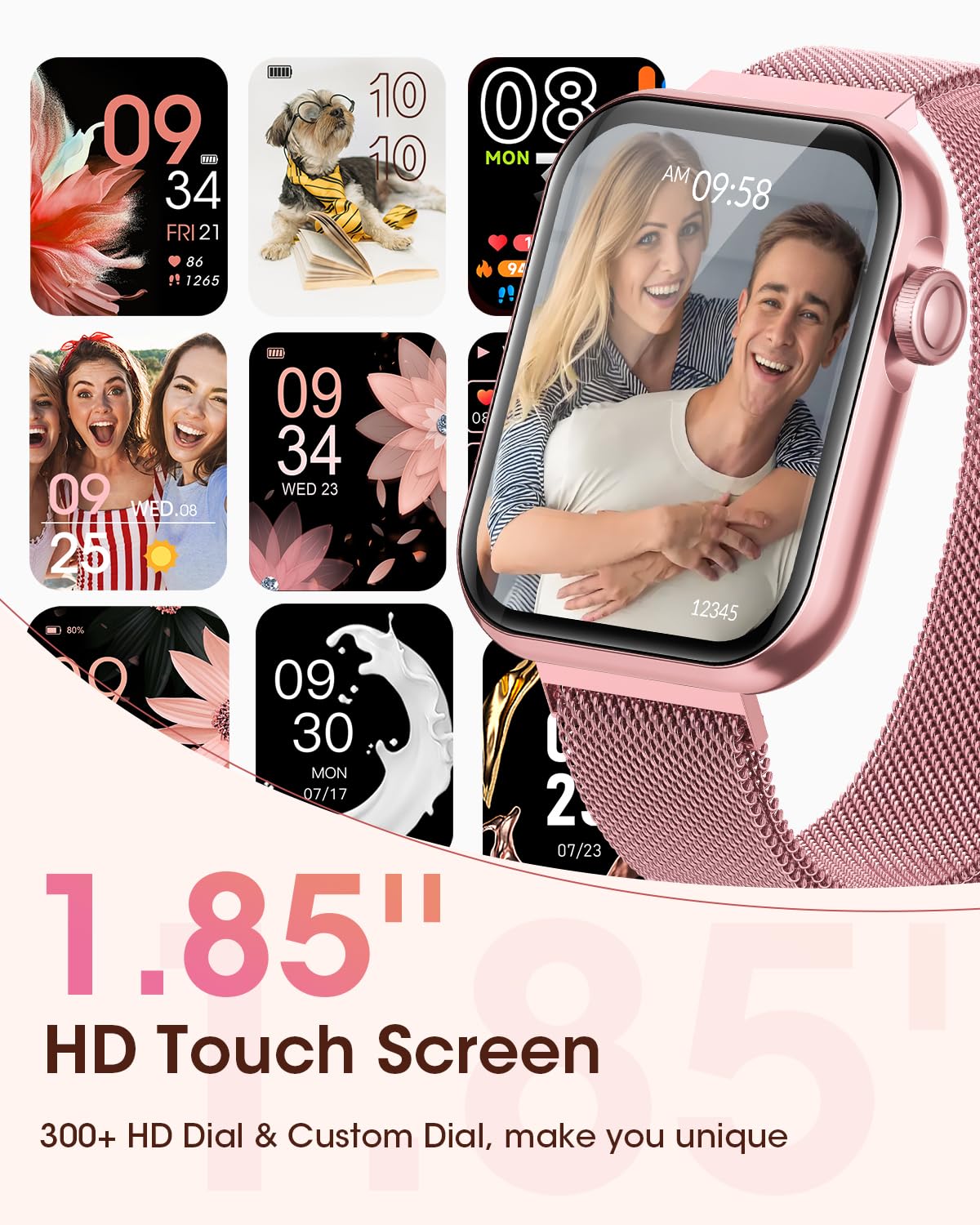 Smart Watches for Women, Fitness Tracker Watch for Sleep/Heart Rate/SpO2/Blood Pressure Monitor, 1.85'' Smartwatch for Android iPhone, Calls/SMS/Notifications, 100+ Sports Modes, 300+ Dials, 3 Bands