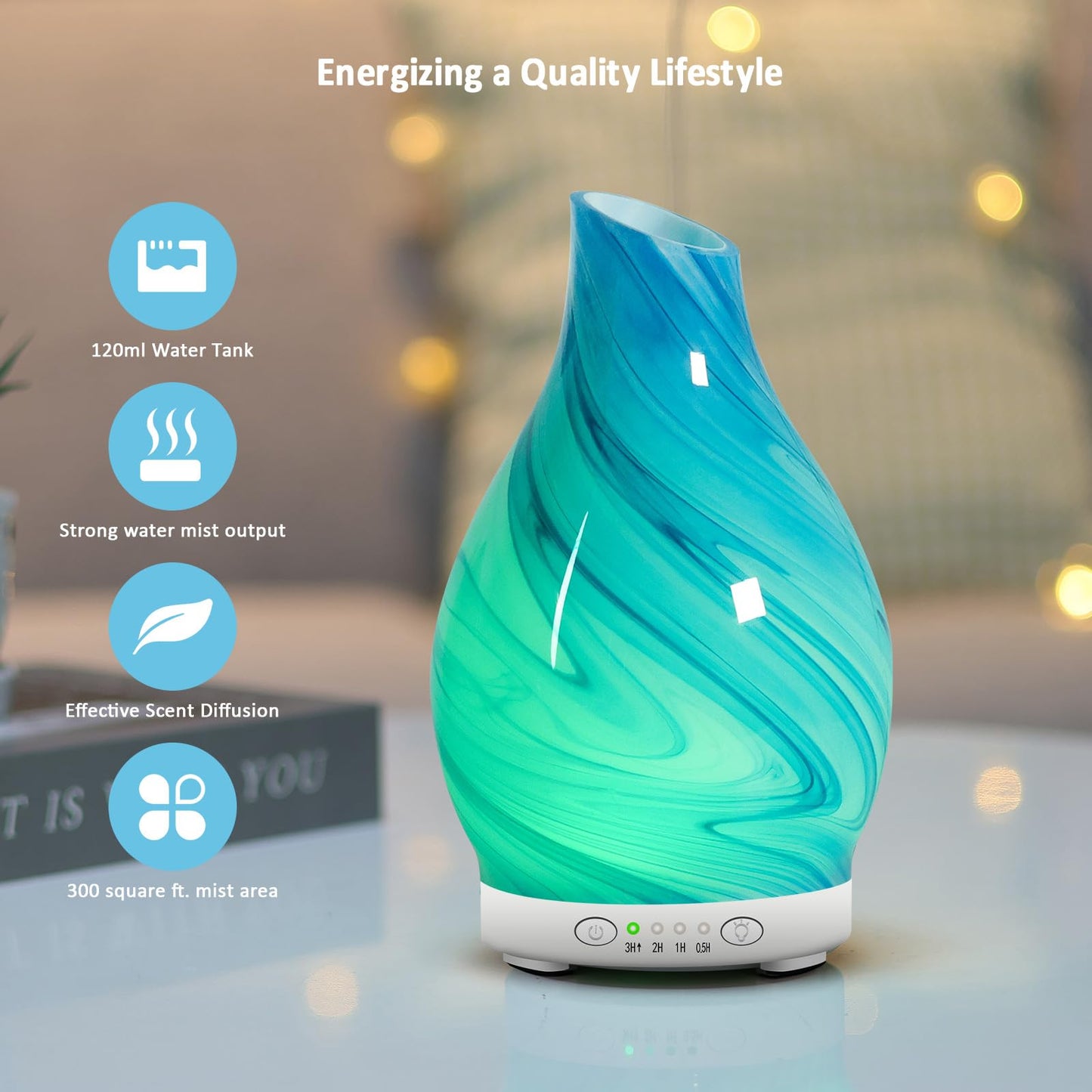 Art Glass Essential Oil Diffuser 120ml - Aromatherapy Diffuser with 7 Color Changing Lights & 4 Timer Settings, Cool Mist Humidifier for Home, Office, Gift for Women, Mom