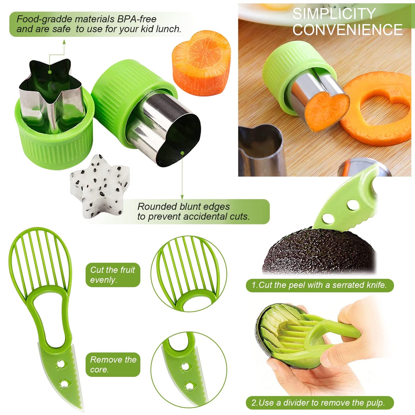 18pcs Melon Baller Scoop Set, FODIENS 4 In 1 Stainless Steel Fruit Slicer Peeler Set, Avocado Slicer Orange Peeler Fruits Vegetables Carving Tools Set with Mini Fruit Cookie Cutters Set