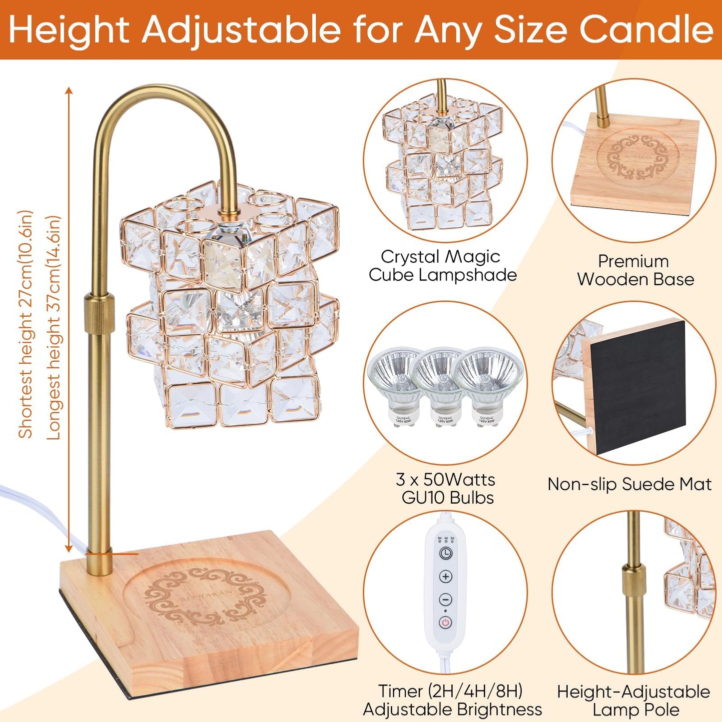 Alpharan Candle Warmer Lamp with Timer,Electric Candle Warmer Dimmable and Height Adjustable Wax Melt Warmer for Scented Wax Jar Candles,Aromatherapy Decorative Candle Heater Home Fragrance Warmer