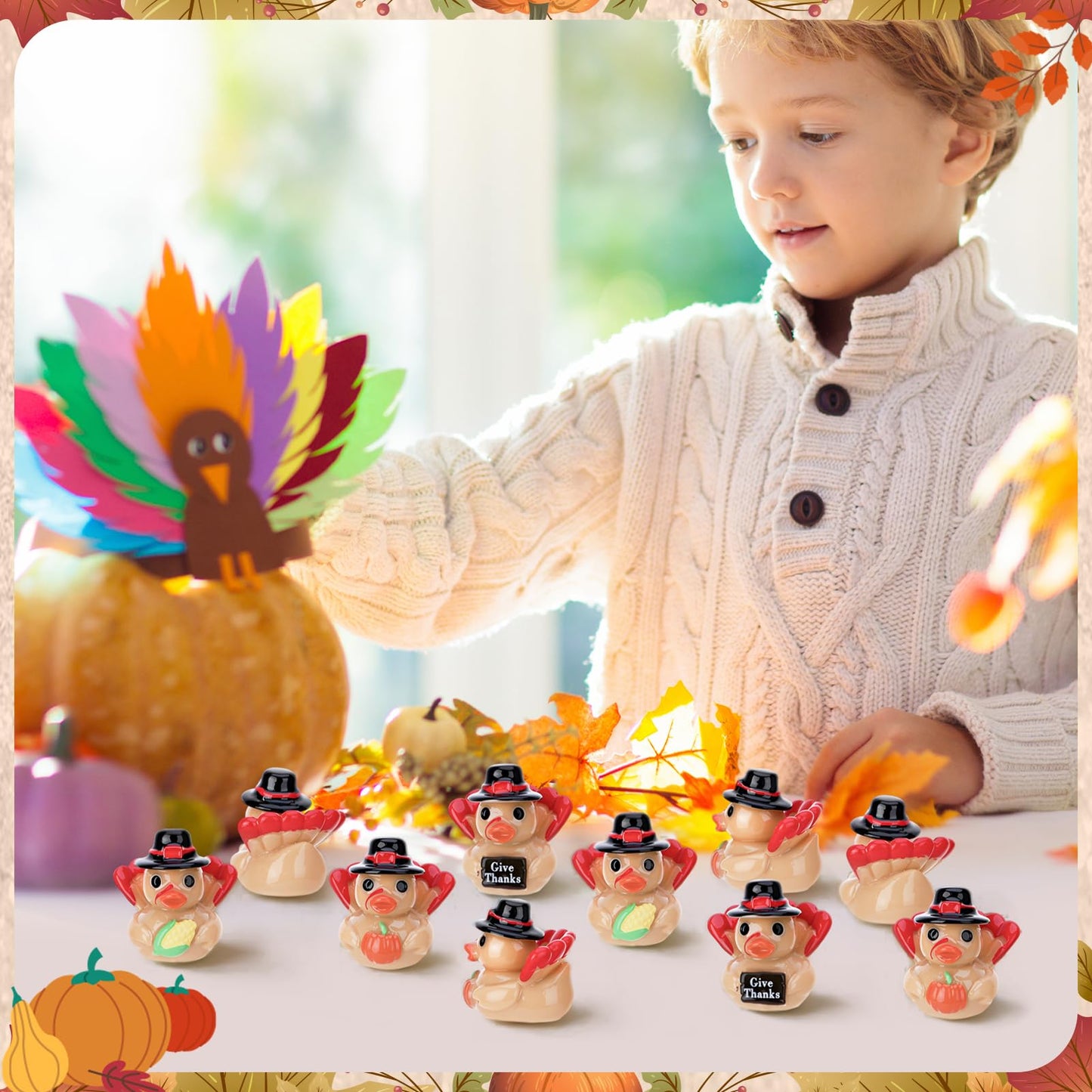 GGSTDDUP 60 Pcs Thanksgiving Mini Resin Ducks, Tiny Turkey Ducks, Miniature Turkey Figurines, Novelty Thanksgiving Party Favors Gift Decoration (Give Thanks, Corn, Pumpkin)
