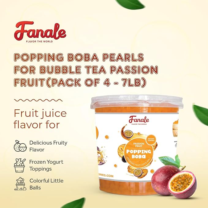 Fanale Passion Fruit Popping Boba Pearls, Vegan, Non GMO, Gluten Free, Fat Free, Perfect for Bubble Tea, Smoothies, Ice Cream, Desserts, and Beverages.