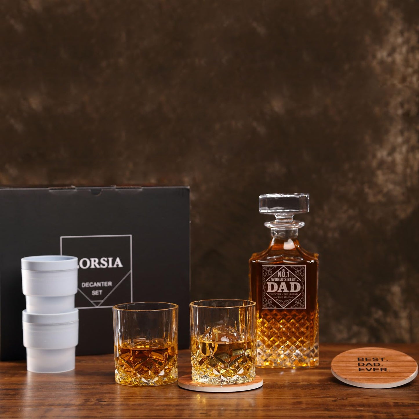 Gifts for Dad Men, Whiskey Decanter Set with Gift Box, Unique Christmas Gift from Daughter or Son, Perfect Birthday and Retirement Present for Men - Includes 2 Ice Molds, 2 Coasters, and a Gift Card