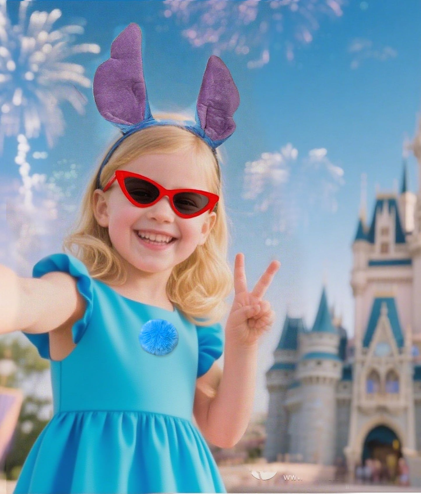 OUHAICUST Unisex Blue Stitch Ears Headband Tail Glasses Hawaiian Lei Costume Accessories Blue Little Monster Kit Halloween Cosplay