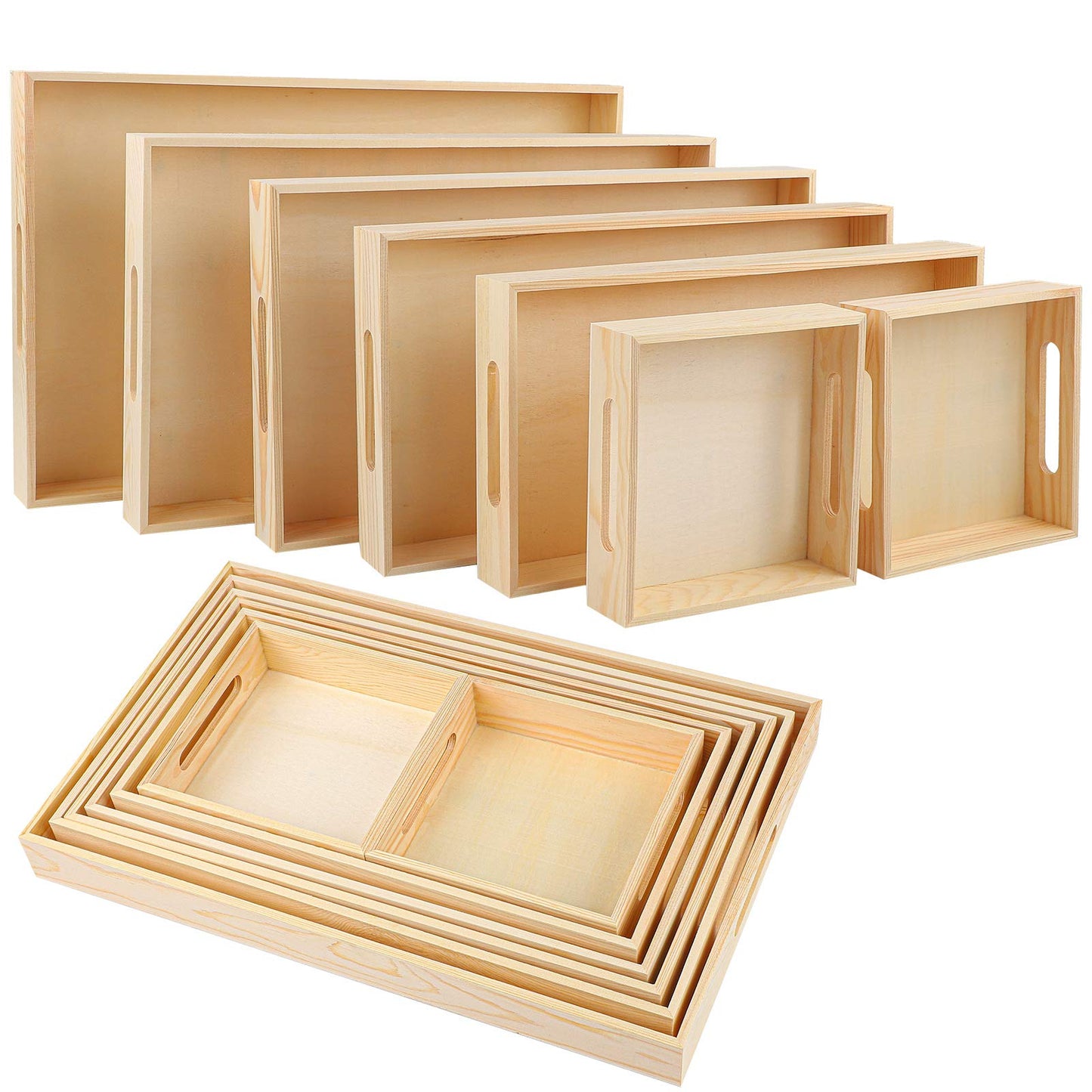 Aodaer 7 Pieces Wooden Nested Serving Trays Rectangular Shape Wood Trays Serving Trays with Handles for Kitchen Party Dinner Snacks