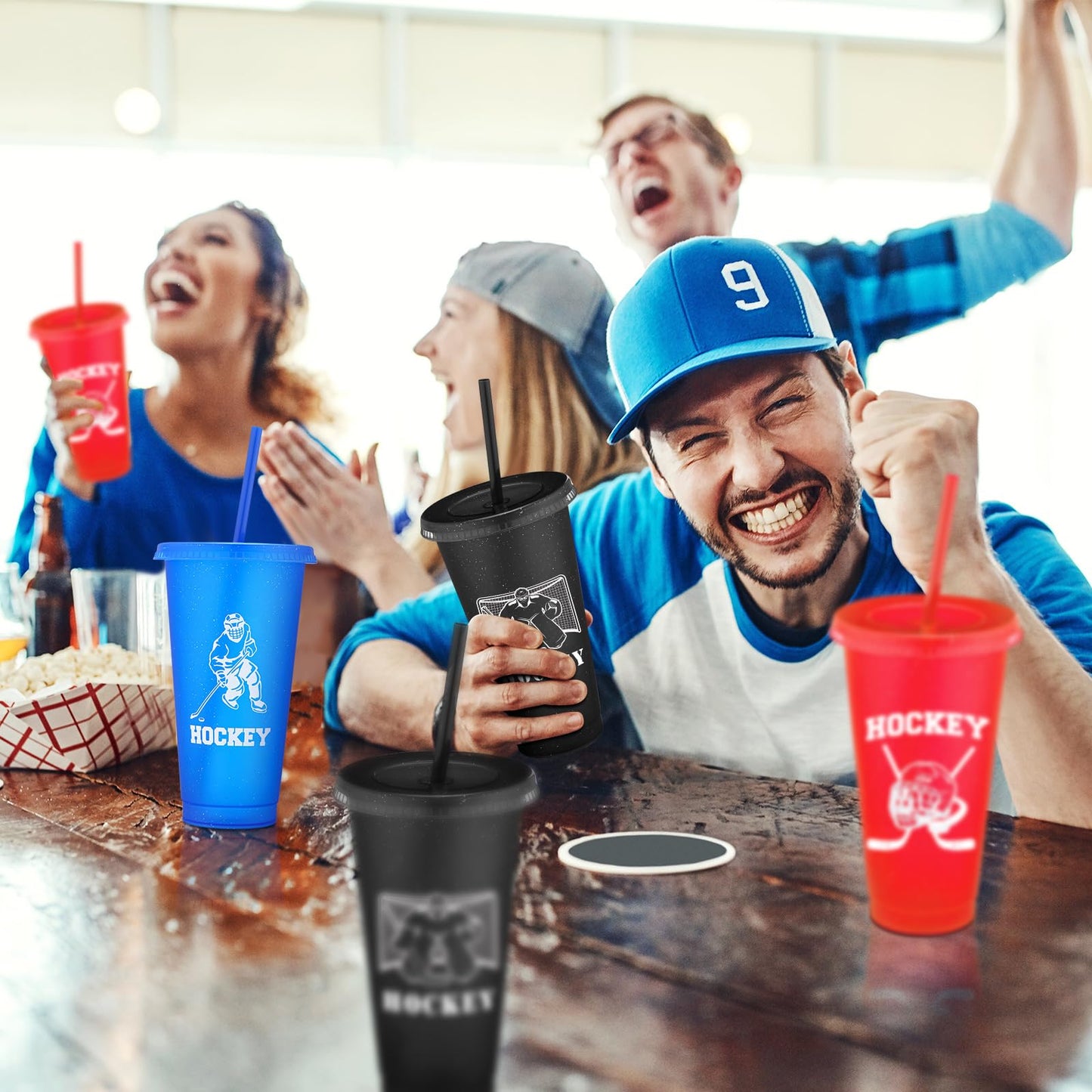 Willinglong 24 Pcs Hockey Plastic Tumblers with Lids and Straws for Hockey Reusable Cute Iced Coffee Travel Cups Mug Water Bottle for Birthday Party