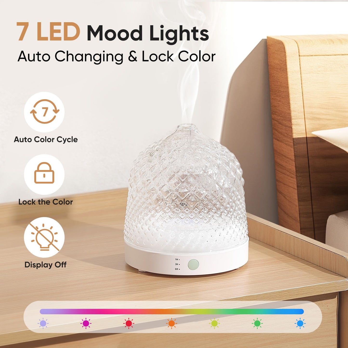 Lecdura Glass Essential Oil Diffuser, 200ml Ultrasonic Aroma Diffusers with Glass Reservoir Dome & White Plastic Base Lock Color Auto-Off Timer 7 Color Light for Home Office Bedroom Yoga