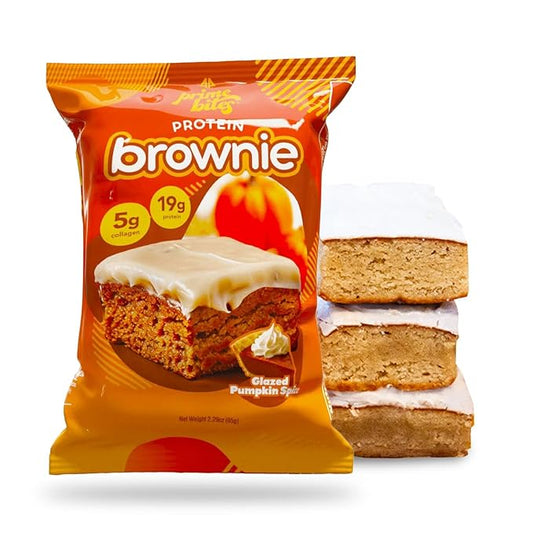 Prime Bites Protein Brownie from Alpha Prime Supplements | High Protein, Collagen Fortified Low Sugar Treat | Delicious Snack | 12 Bars per Box (Glazed Pumpkin Spice)