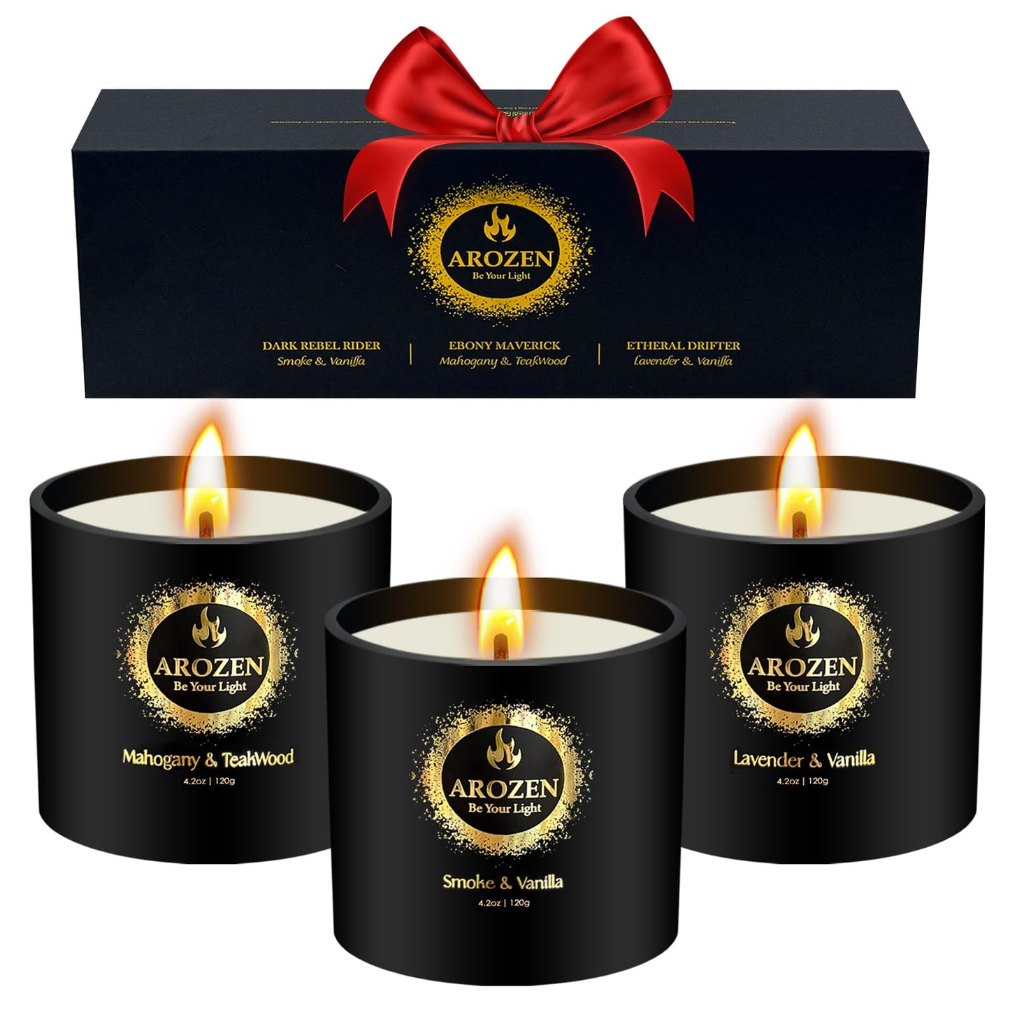 AROZEN 3 Pack Scented Candles Set | Men Candle Gift Set, Aromatherapy Scented Candles for Home, Gifts for Men Dad Fathers Day, Soy Candle of Lavender, Mahogany Teakwood & Smoke Vanilla,70H Burn Time