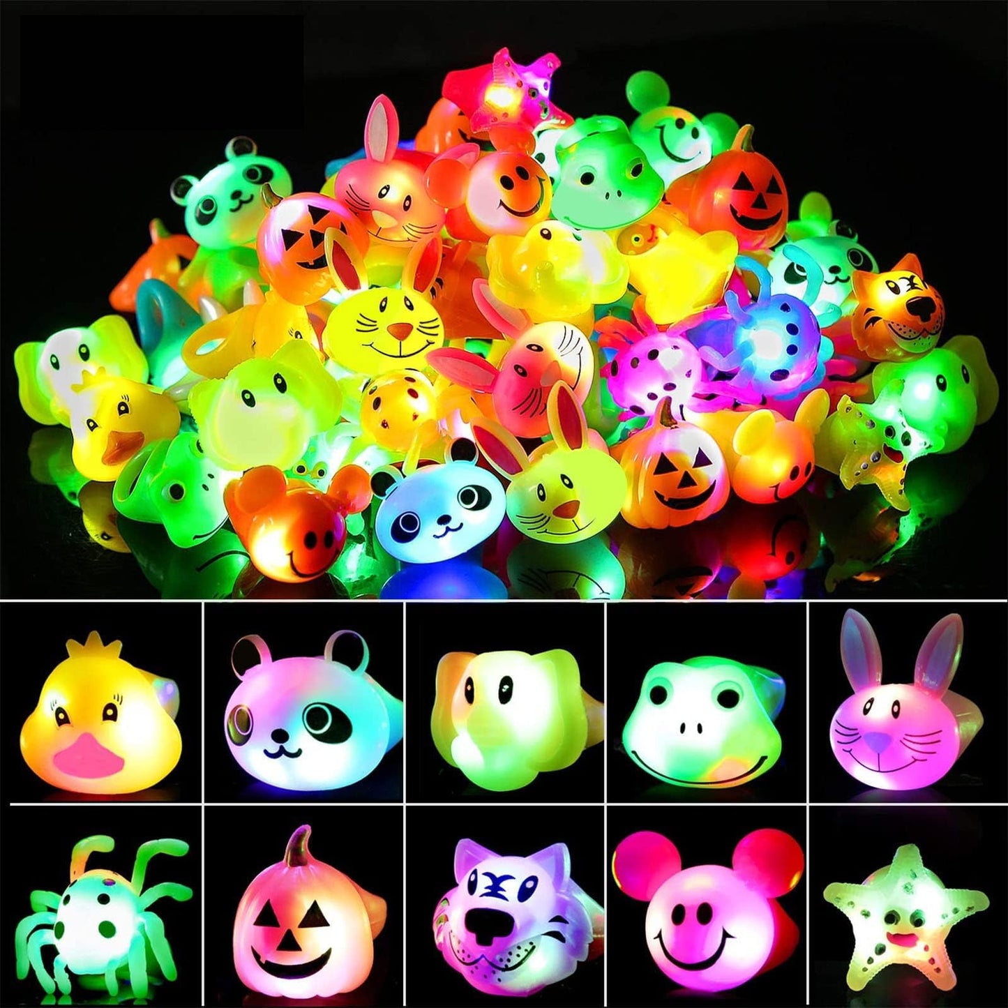 SCIONE 40 Pack Light up Rings Birthday Party Favors for Kids, Goodie Bag Stuffers Glow in the Dark Halloween Party Supplies, Classroom Prizes Cute Animal Treasure Box for Kids