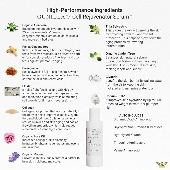 GUNILLA Cell Rejuvenator | Plant-Based Anti-Aging Facial Serum | Hydrates, Firms & Smooths for Radiant Skin | With Collagen, Elastin, Ginseng & Vitamins A, B, C & D | Vegan, Spa-Grade Skincare 4oz