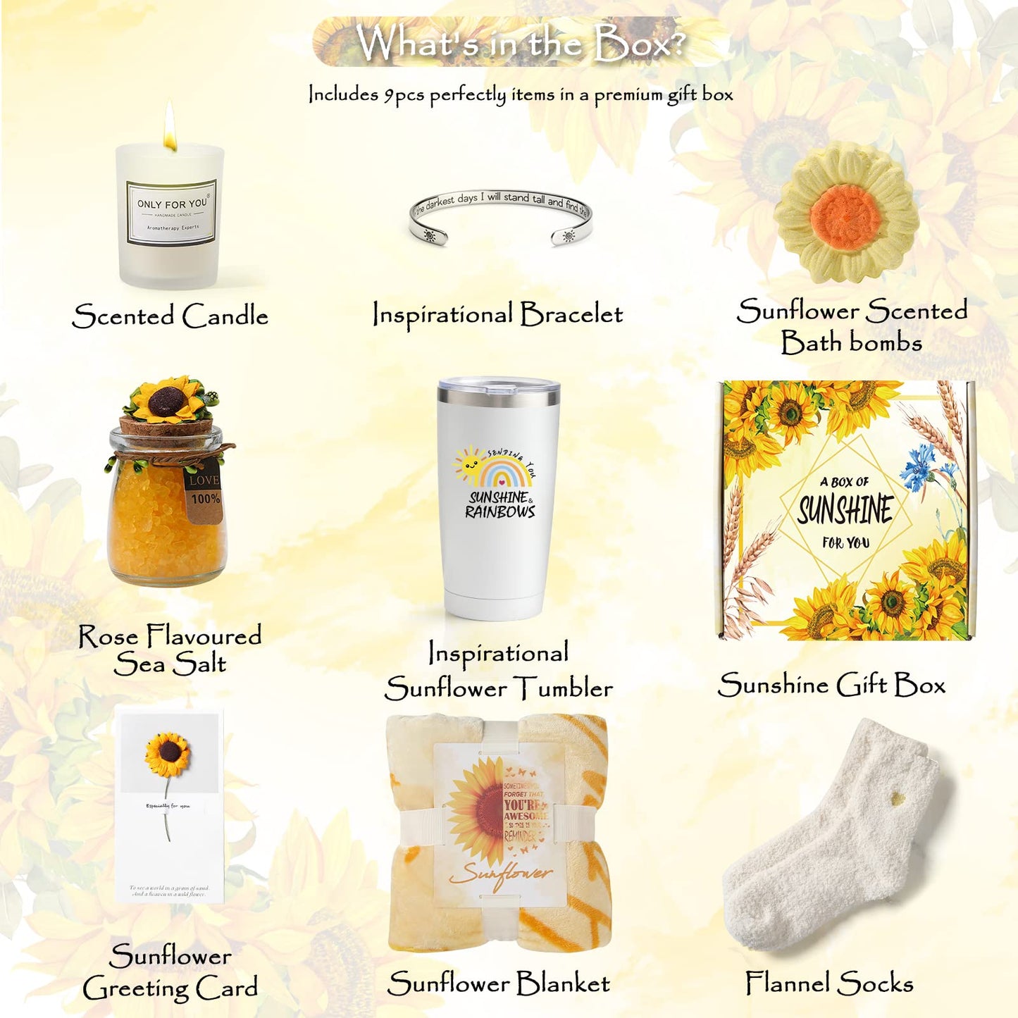 Sending Sunshine Gifts for Women, Sending Sunflower Gifts for Mom, 9 Pcs Spa Gifts for Women, Birthday Gift Sets, Gifts for her, Unique Holiday Gifts Basket for Women, Girlfriend, Sister, Mom, Wife