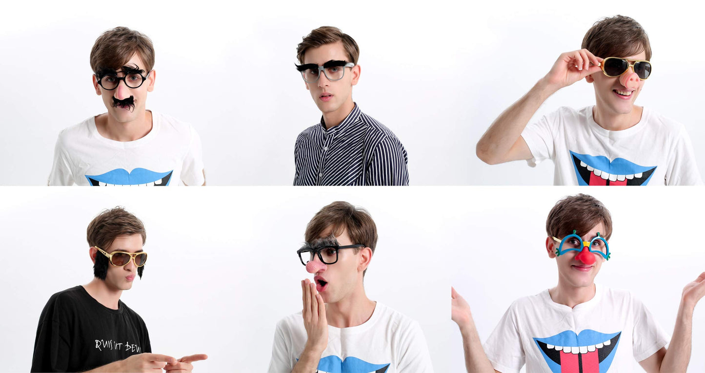 Ocean Line Funny Disguise Glasses, 6 Pairs Novelty Clown Eyewear with Soft Nose for Halloween, Silly Eyebrows Party Favors