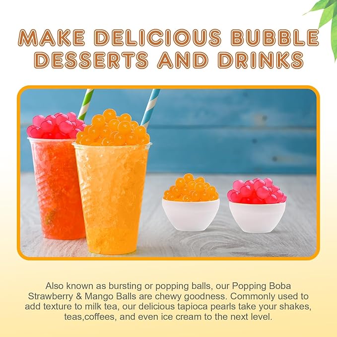 Fanale Strawberry Mango Popping Boba Pearls, Vegan, Non GMO, Gluten Free, Fat Free, Perfect for Bubble Tea, Smoothies, Ice Cream, Desserts, and Beverage 2 lb (1 lb X 2).