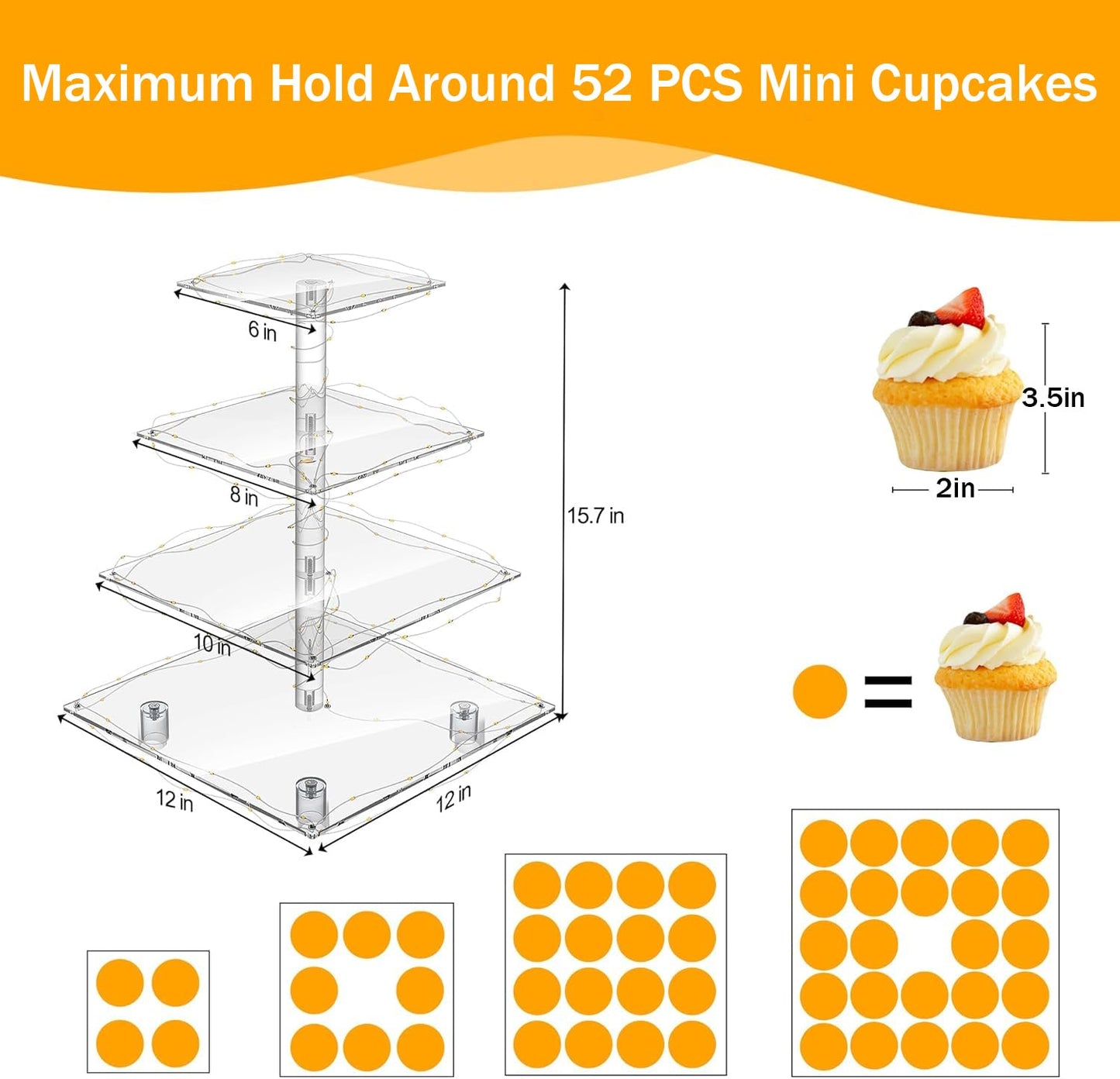 YestBuy 4 Tier Cupcake Stand Acrylic Tower Display with LED Light Premium Holder Dessert Tree Tower for Birthday Cady Bar Décor Weddings, Parties Events (Yellow Light)