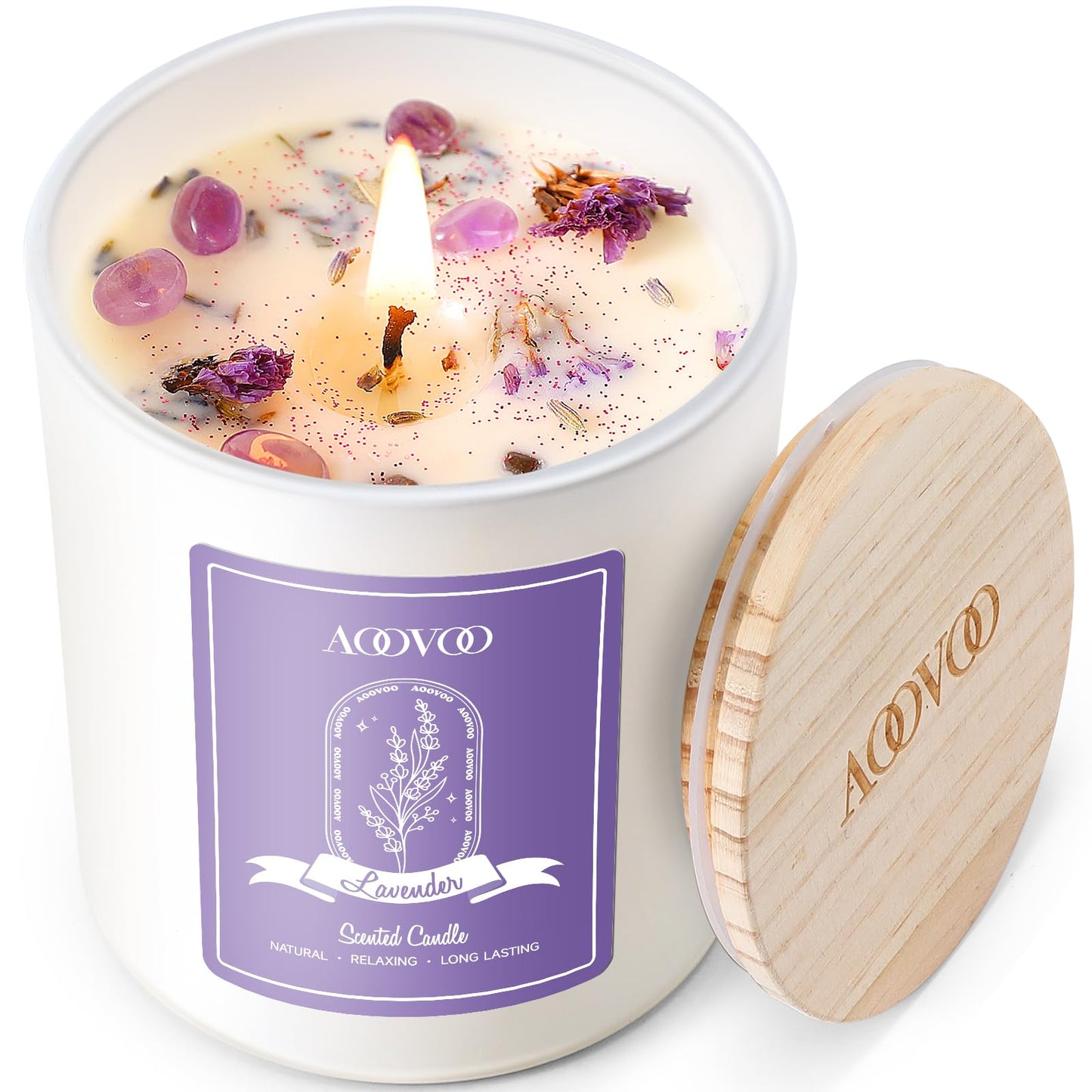 AOOVOO Lavender Scented Candles for Women - Aromatherapy Candle with Crystals Inside, 10oz Soy Candles for Home Scented, Birthday Gifts Mothers Day Candle for Women Mom