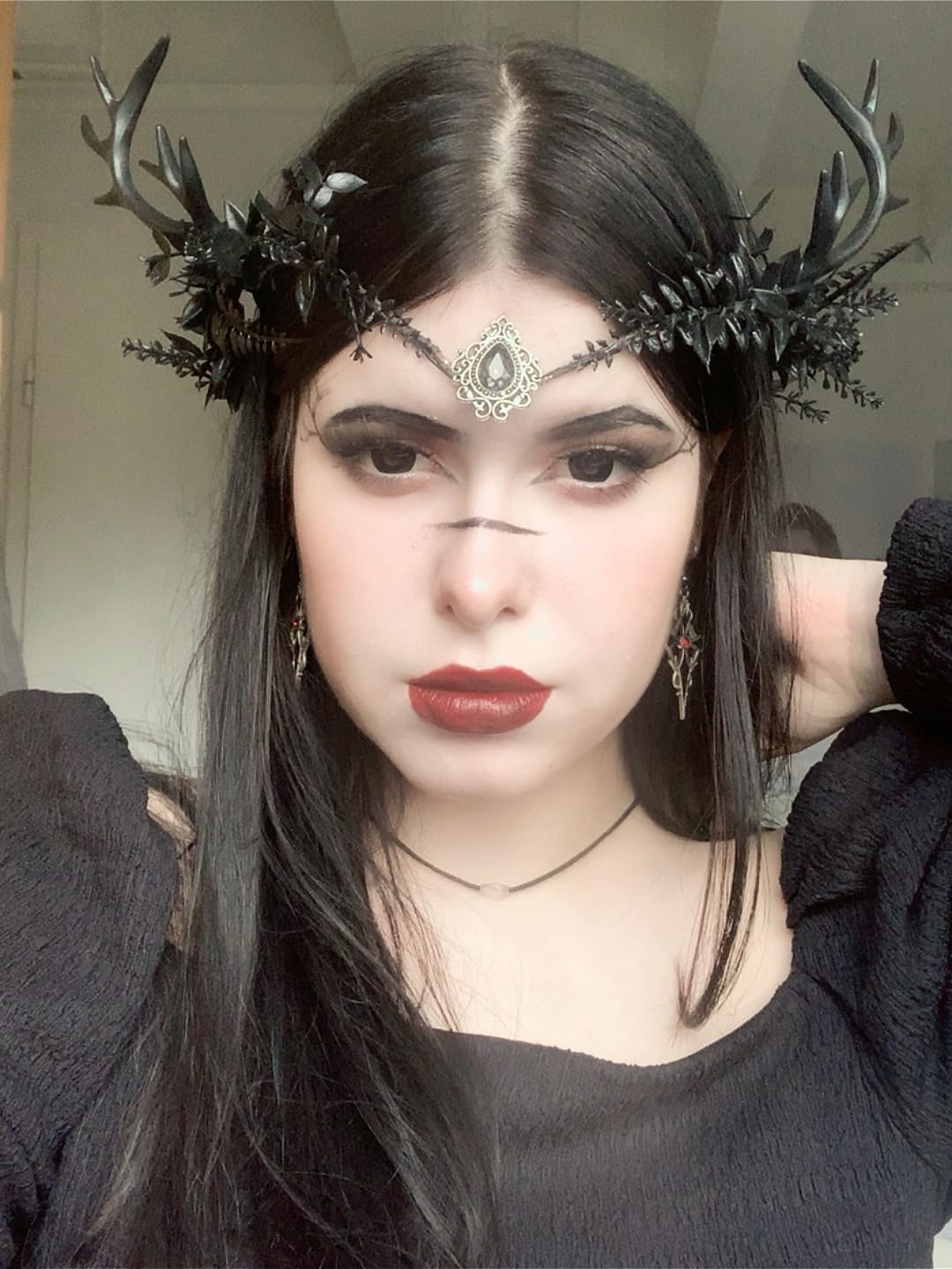 MOSTORY Black Flower Antler Crown - Dark Reindeer Headpiece Gothic Elf Circlet Deer Horns Headband for Women Cosplay Renaissance Goth Wedding Renfaire Accessory