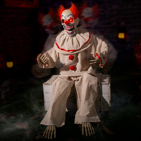 Halloween Animatronic Sitting Clown, Halloween Animated Decorations with Sound Activated, Creepy Sound, Light Up Eyes, Scary Move, Haunted House Holiday Spooky Decor Horror Prop, for Indoor Outdoor