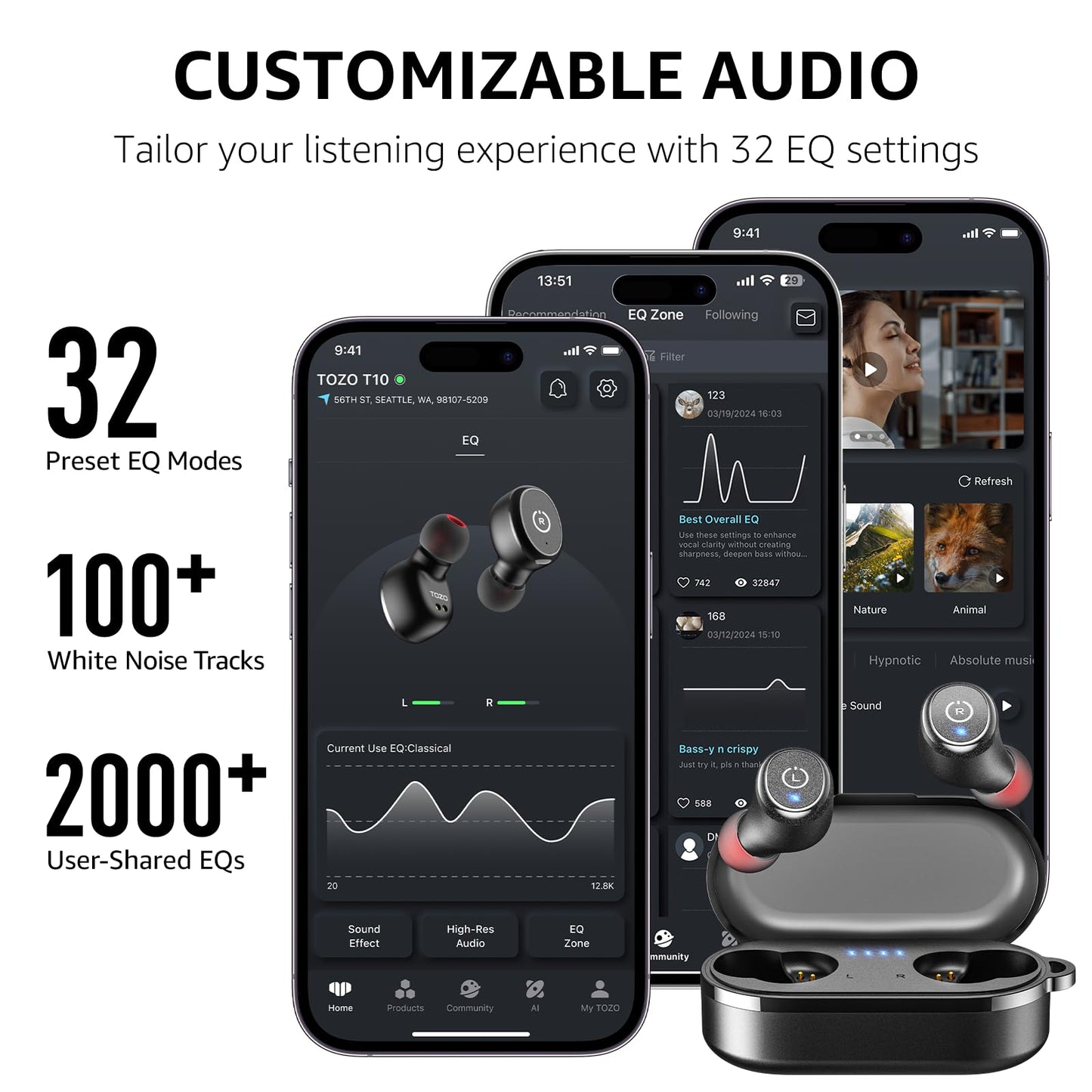 TOZO T10 Wireless Earbuds Bluetooth 5.3 Headphones, App Customize EQ, Ergonomic Design, 55H Playtime, Wireless Charging Case, IPX8 Waterproof Sound in-Ear Headset, 2025 New Version