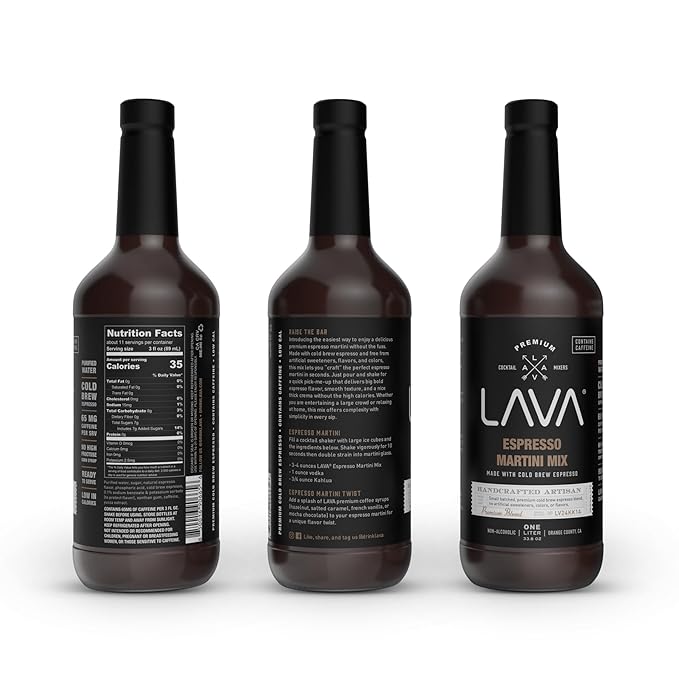 LAVA Premium Espresso Martini Mix, Cold Brew Espresso, 65mg Caffeine Per Serv., No Artificial Sweeteners, Colors, or Flavors, Espresso Martini Gift, 1-Liter (33.8oz) Glass Bottle