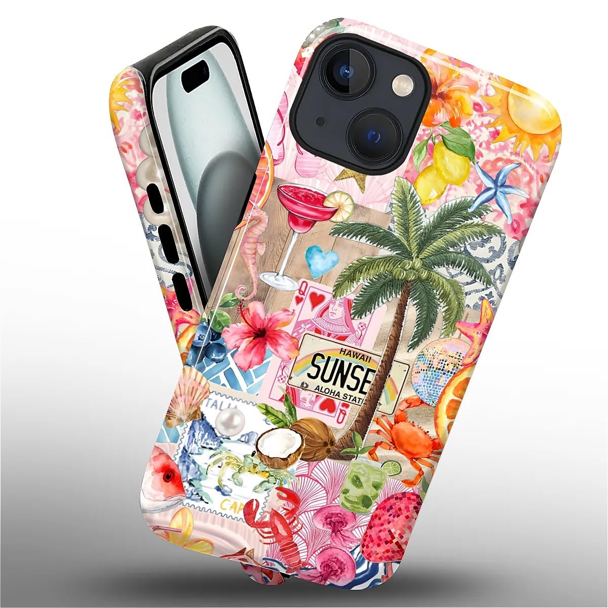 DAIZAG Case for iPhone 15,Mixed 2 Layer Design Shockproof Soft TPU Ddouble Protection Phone Case for iPhone 15-Aesthetic Summer Beach