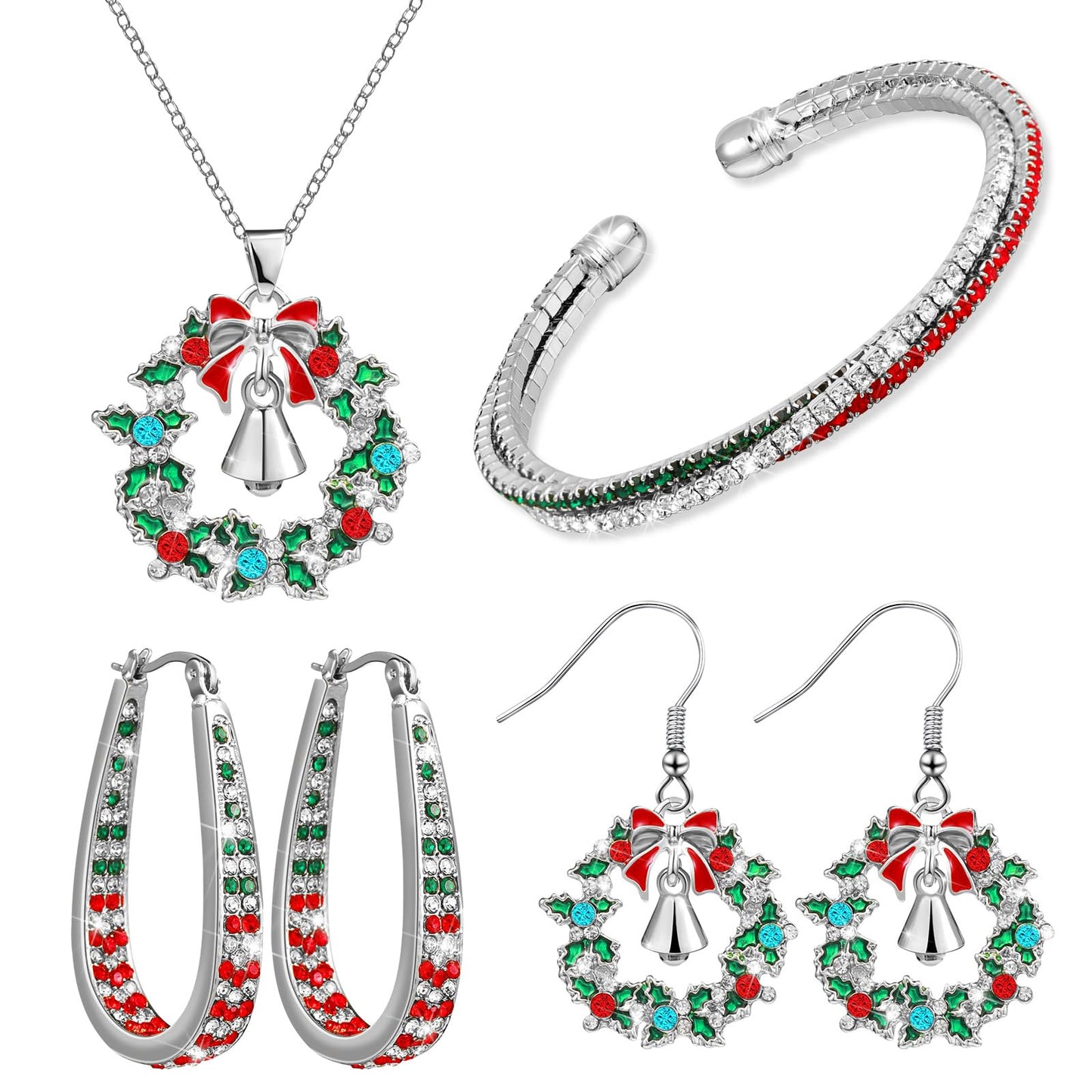 Sasylvia 4 Pieces Christmas Rhinestone Jewelry Set for Women Wreath Bell Dangle Necklace Cuff Bracelet Wreath Hoop Earrings (Silver)