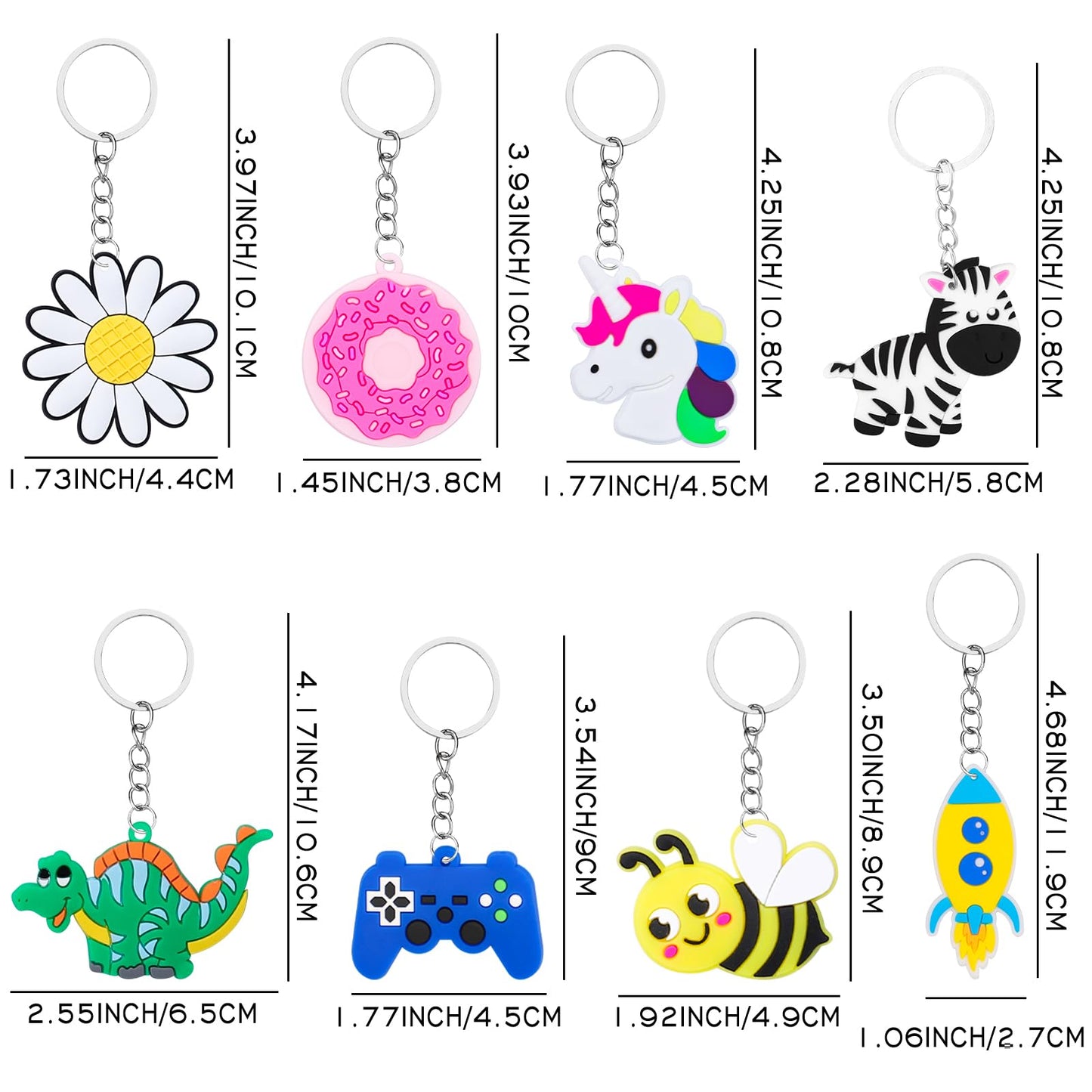 65PCs Party Favors Cartoon Keychains for Kids, Keychain Bulk for Birhtday Party, Unicorn Dinosaur Mermaid Animal Sea Dount Flower Video Ball Bulk Keychains for Party Bag Fillers Goodie Bag Stuffers