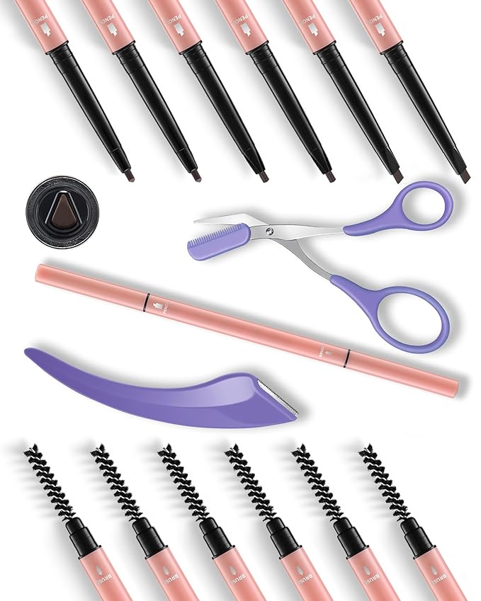 6Pcs Microblading Eyebrow Pencils Deep Brown Waterproof Eye Brow Pencil w/Eye Brow Razor & Scissors Kit 0.5mm Ultra-Fine Tip Creates Hair-Like Strokes for Women Effortless Natural Brows