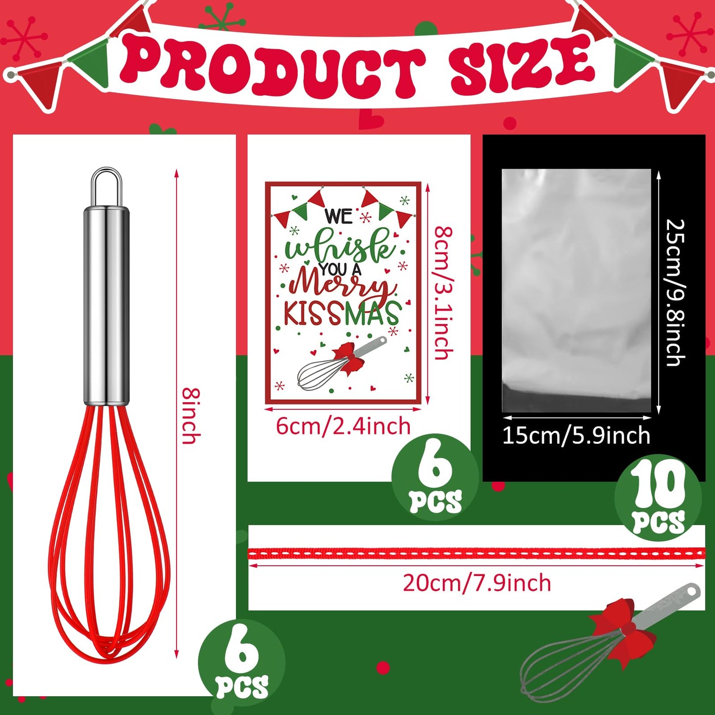Nuogo 6 Sets Christmas Whisk Baking Supplies Gifts Sets Includes Stainless Steel Whisk, Greeting Cards, Ribbons, Plastic Bags for Neighbor Employee Cooking Supplies Christmas Stocking Stuffers Ideas