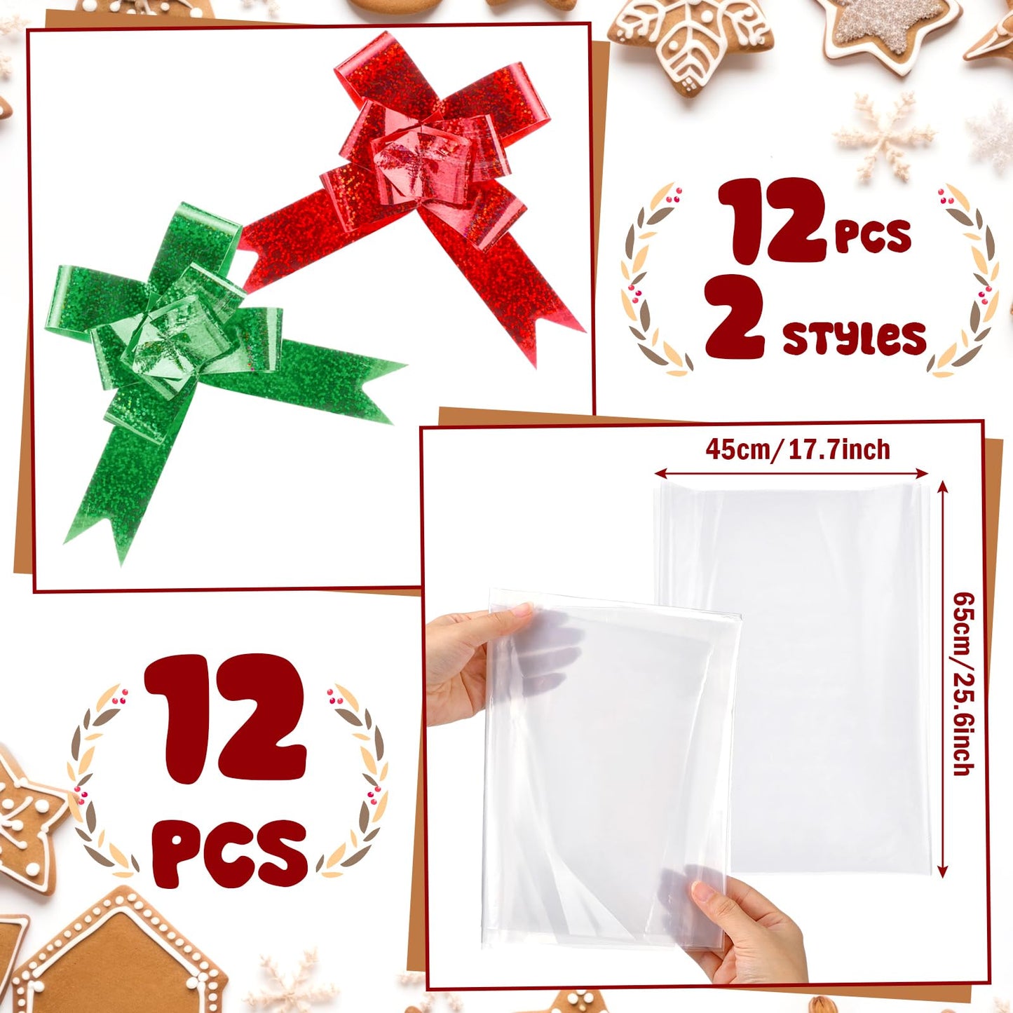 Yexiya 36 Pcs Christmas Baskets for Gifts Empty Diy Bulk Gift Basket Includes 12 Pcs Empty Baskets 12 Pcs Clear Gift Bags, Red Bows and Raffia Gift Basket Kit To Fill For Christmas Anniversary