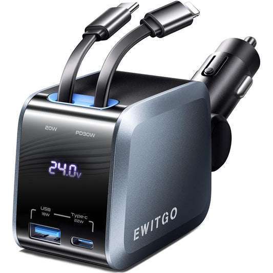 EWITGO Retractable Car Charger, Car Accessories, 72W Fast Charging USB C Car Charger with 4FT Retractable Cables and 2 Ports, for iPhone 16 15 14 13 12, Samsung etc Warm Grey