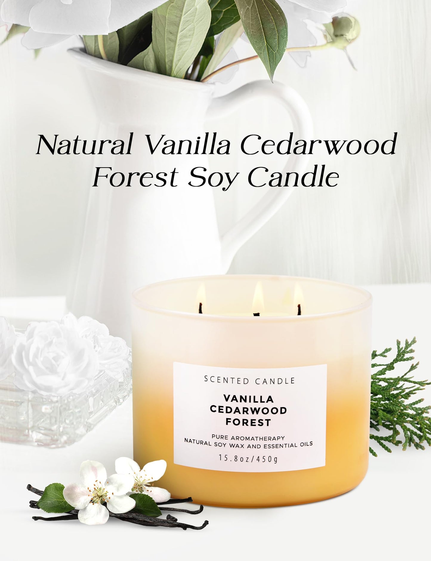 Vanilla Cedarwood Forest 3 Wick Scented Candle | Large Soy Candles for Stress Relief 15.8 oz | Relaxing Aromatherapy Candle for Men & Women | Fresh Cozy Scent Long Lasting Candles for Home Clean Burn