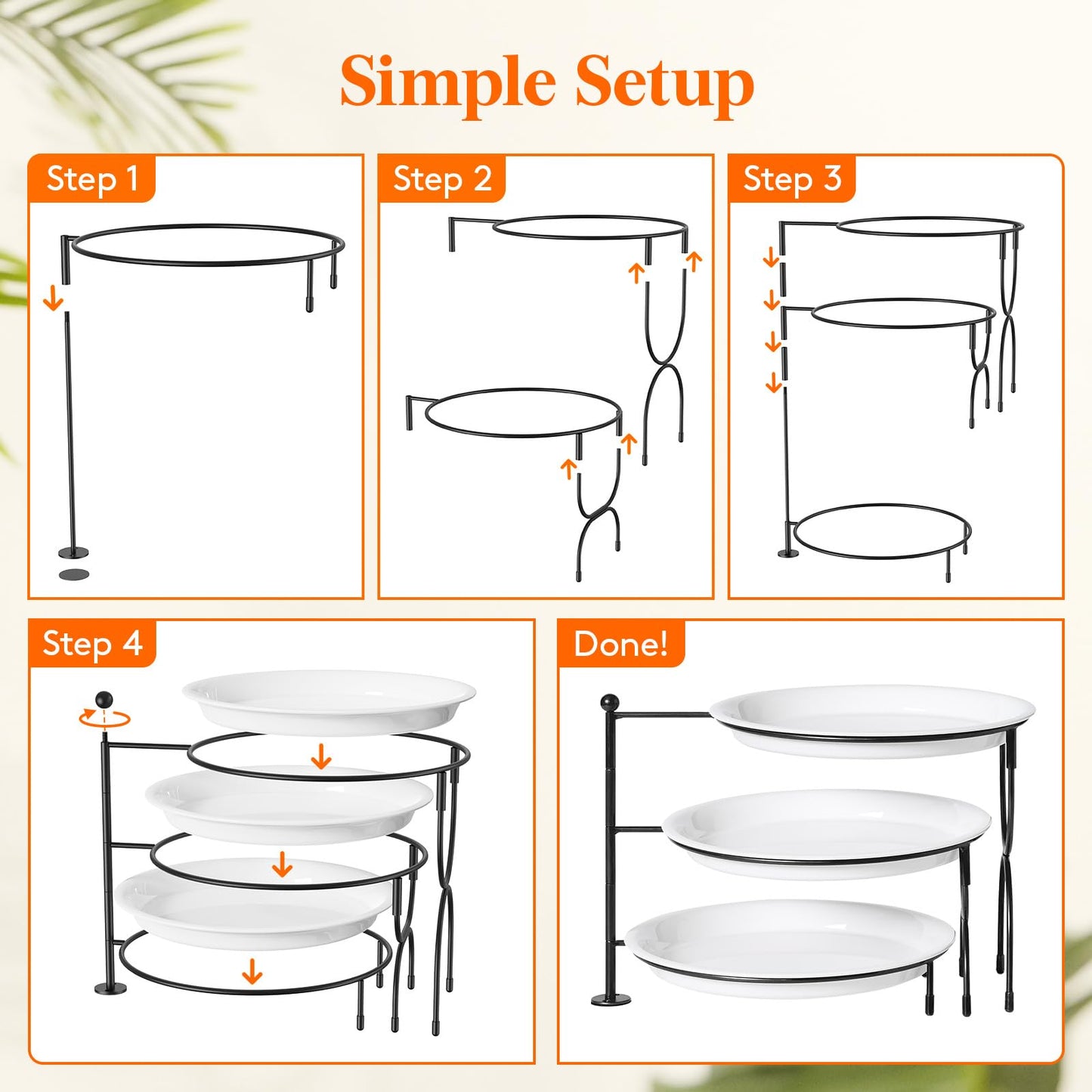 Lifewit Plastic 3 Tier Serving Tray Platter for Party Entertaining, 10" × 10" Large Dessert Table Display Set, White Reusable Round Dishes with Black Metal Display Stand for Veggie, Fruit, Cookies