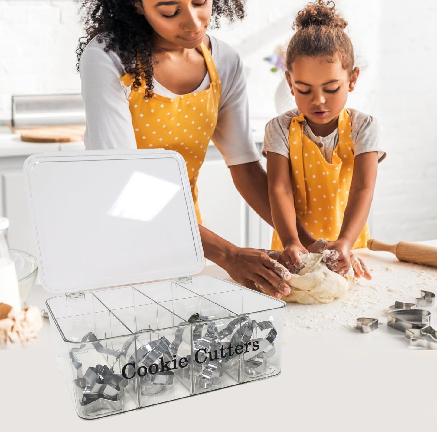 Yomjarl Cookie Cutter Tool Storage Box,Cake Decorating Supplies Accessories Bins,Baking Storage Containers,Transparent Dustproof Lid,biscuits Cutter Organizer Storage with 8 Adjustable Compartment