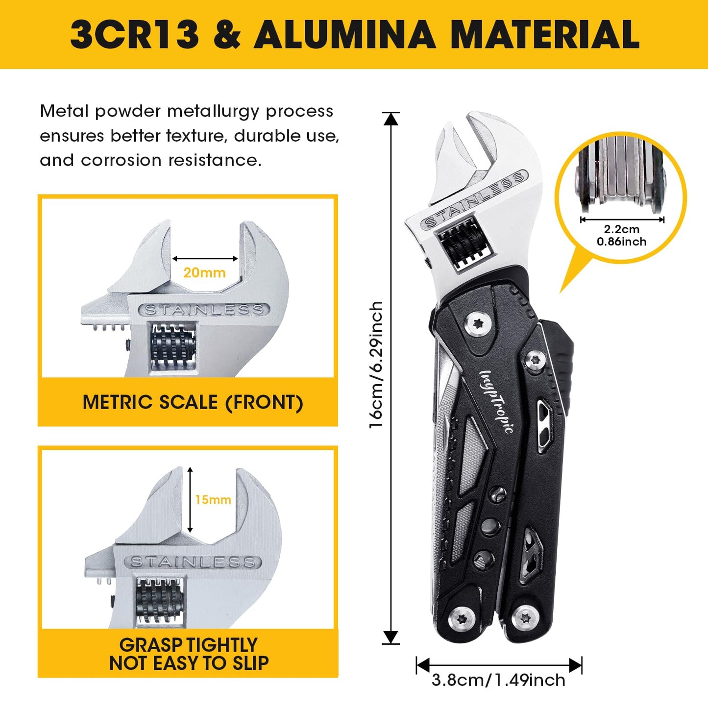 INYPTROPIC Multitool Wrench With 14 Tools/Pliers/Wire Cutter Gift for Dad.Portable Folding Multifunctional Pocket Knife Adjustable Multi Purpose Stainless Steel Tool (Silver black)