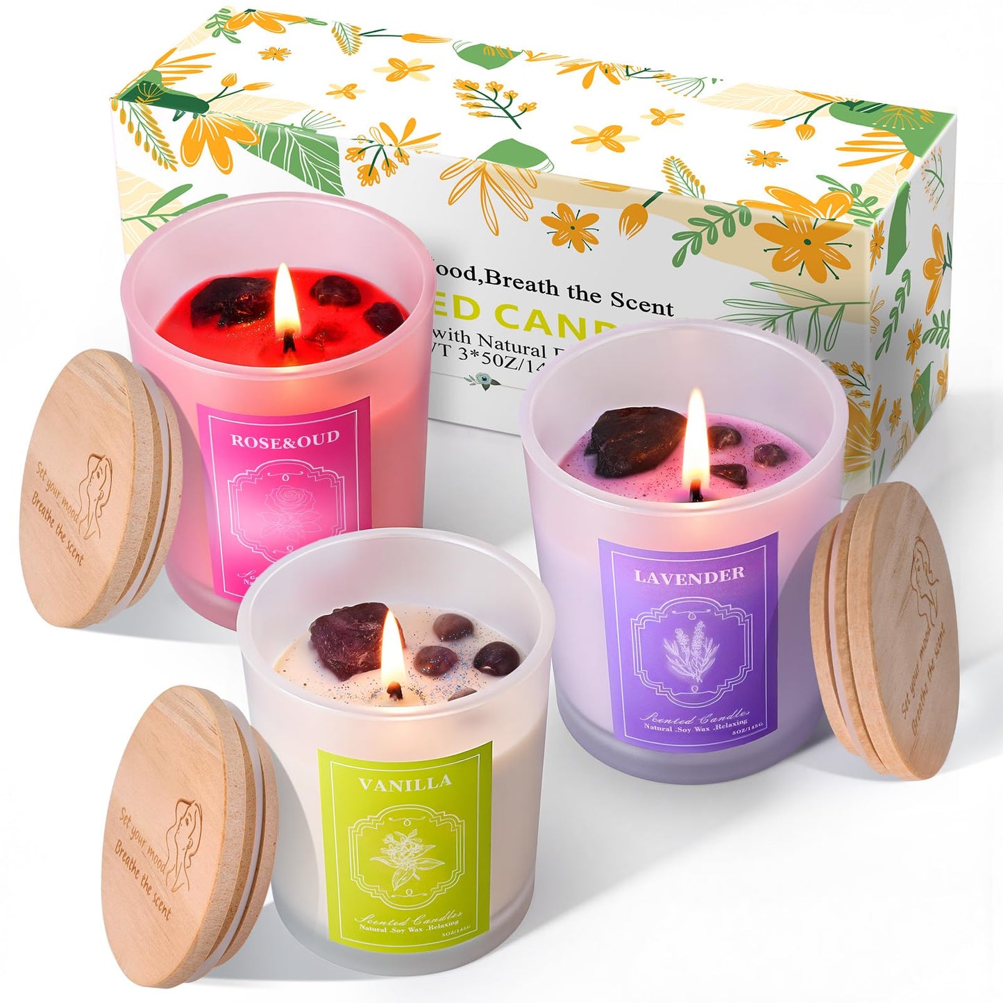 3 Soy Scented Candles for Women- 15OZ Candles for Home Scented with Crystals, Lavender/Vanilla/Rose Aromatherapy Candle Set for Bithday Gifts, Mother's Day, Anniversary, Christmas