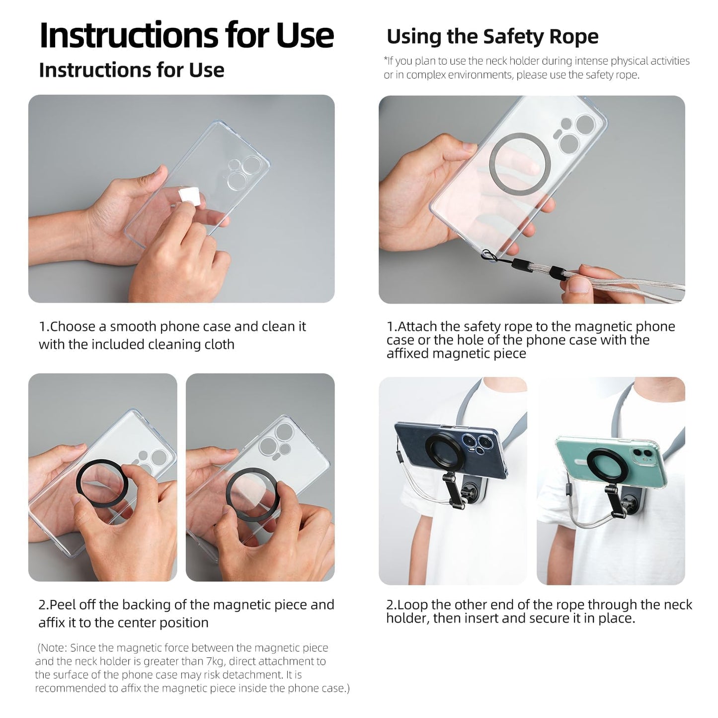 TELESIN Magnetic Neck Mount for Phones, Neck Cell Phone Holder POV/Vlog Selfie Mount Hand Free Phone Neck Holder Chest Stand Strap Video Recording for iPhone 16 15 14 13 12 Seires Android Phones Gray