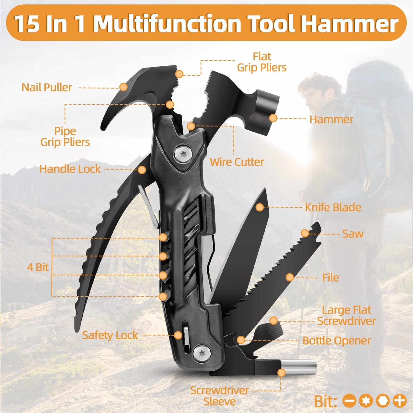 Stocking Stuffers for Men, Hammer Multitool 15 in 1 Christmas White Elephant Birthday Gifts for Men Dad Husband Boyfriend Camping Accessories Survival Gear 01
