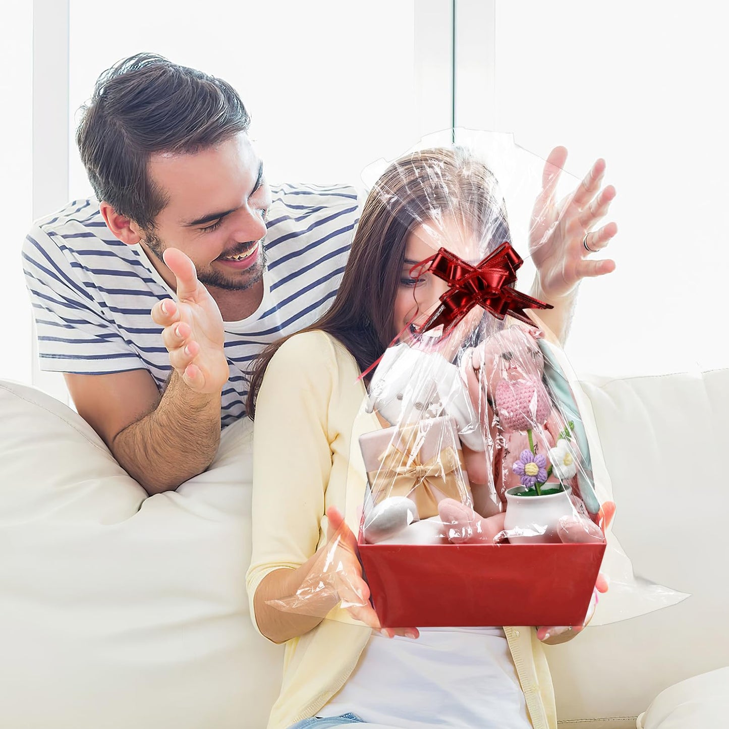 MADHOLLY 6Set Baskets for Gifts Empty- Sturdy Kraft Gift Basket Kit with Cellophane Wrap and Pull Bows for Valentine's Day Anniversary Wedding Holiday Gift Celebration Wrapping, Red