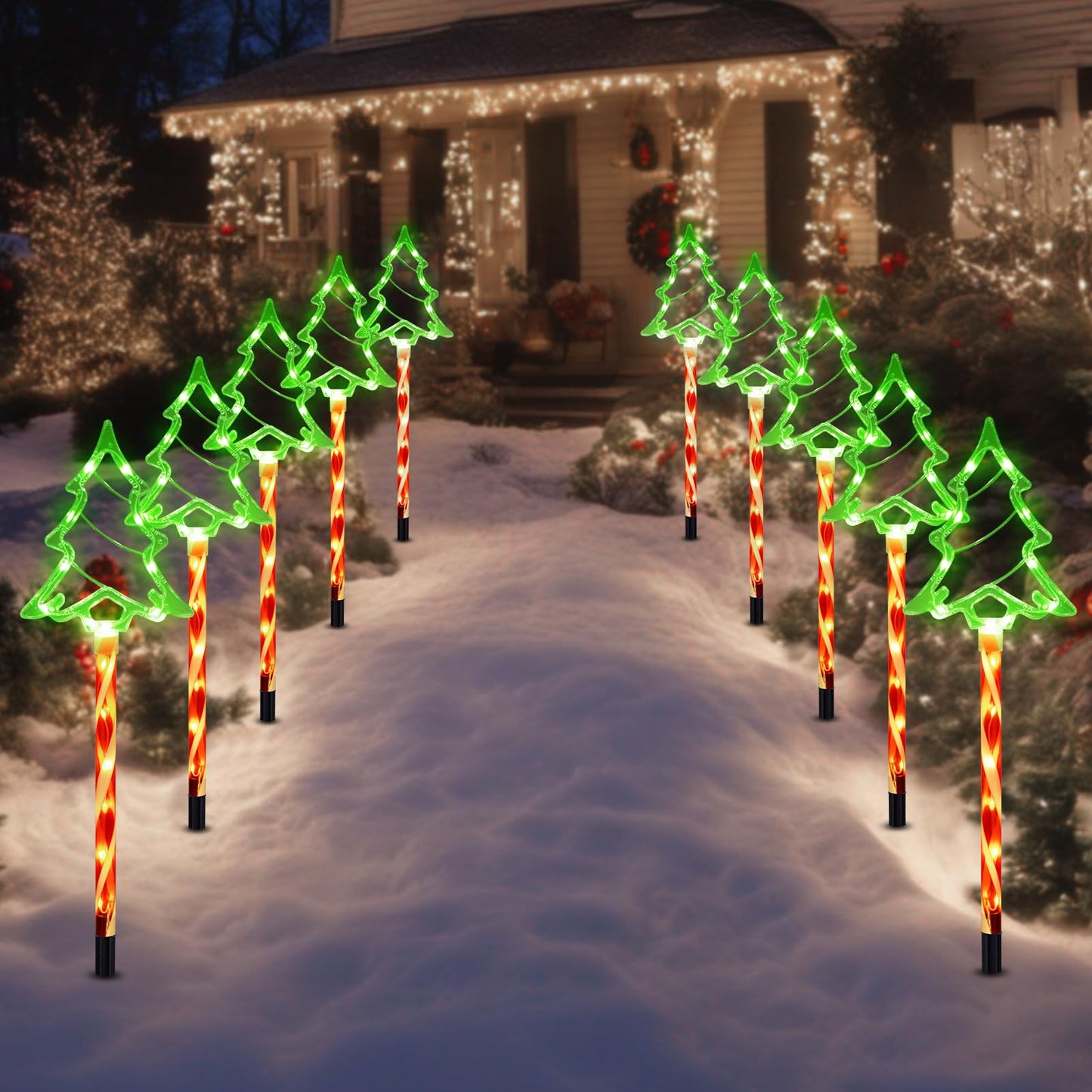 Christmas Solar Pathway Lights Outdoor Decorations, 8 Modes Xmas Tree Candy Lights Waterproof Led Garden Stake Light for Walkway Yard Lawn Porch Holiday Decor 5-Pack (Red Tube Tree, 5 Pack)