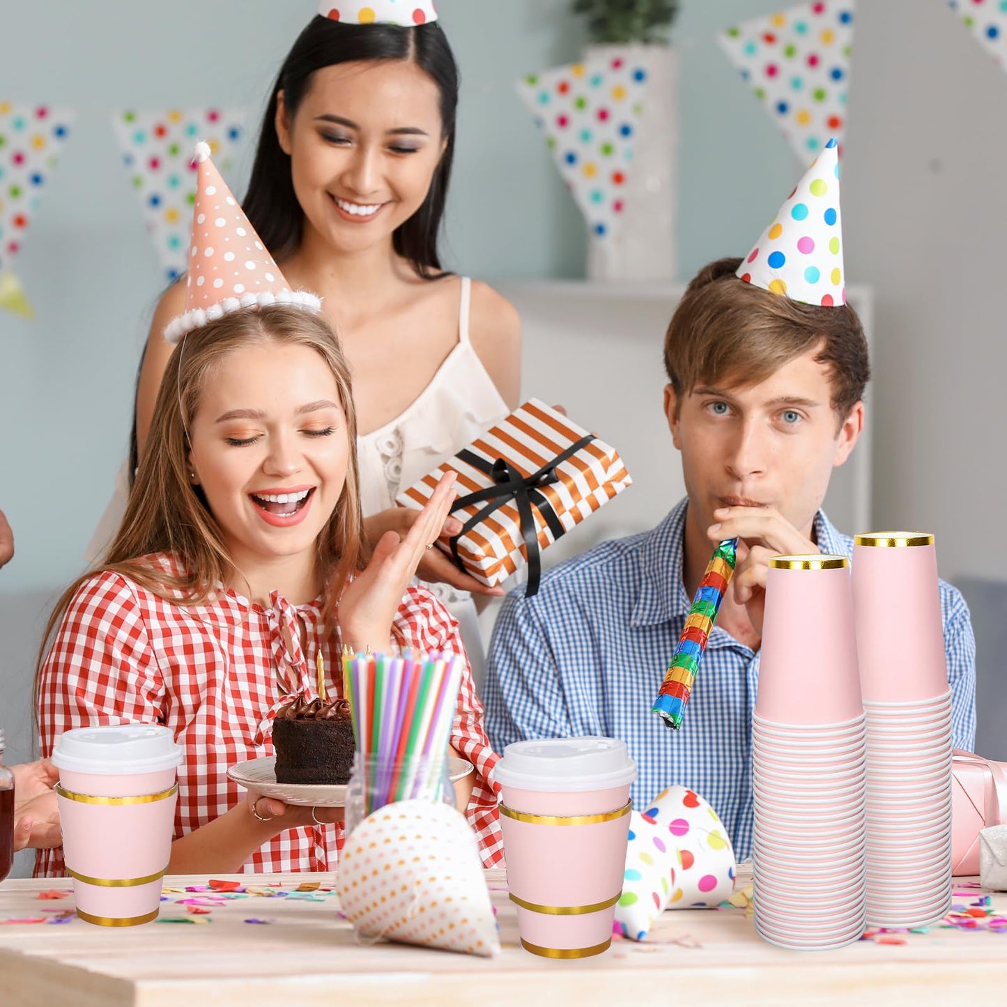 JarThenaAMCS 50Pcs Light Pink Disposable Coffee Cups with Lids and Sleeves 12Oz Foil Gold Border Pink Party Paper Tableware for Wedding Holiday Picnic Birthday Party Bridal Favor Coffee Beverage Tea