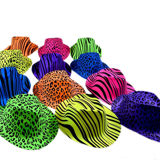 Novelty Place Neon Animal Print Plastic Party Hats, Fedora with Gangster Mafia Style, UV Blacklight Glow Party Stars Rave Hats for Kids and Teens in Birthday, Concerts, Music Party(Pack of 24)