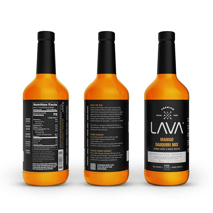 LAVA Premium Mango Daiquiri Mixer Made with Real Mango Juice, Cane Sugar, Agave Nectar. No Artificial Sweeteners, Flavors, or Colors. Gluten Free, Vegan, Non-GMO. 1-liter (33.8oz) Glass Bottle
